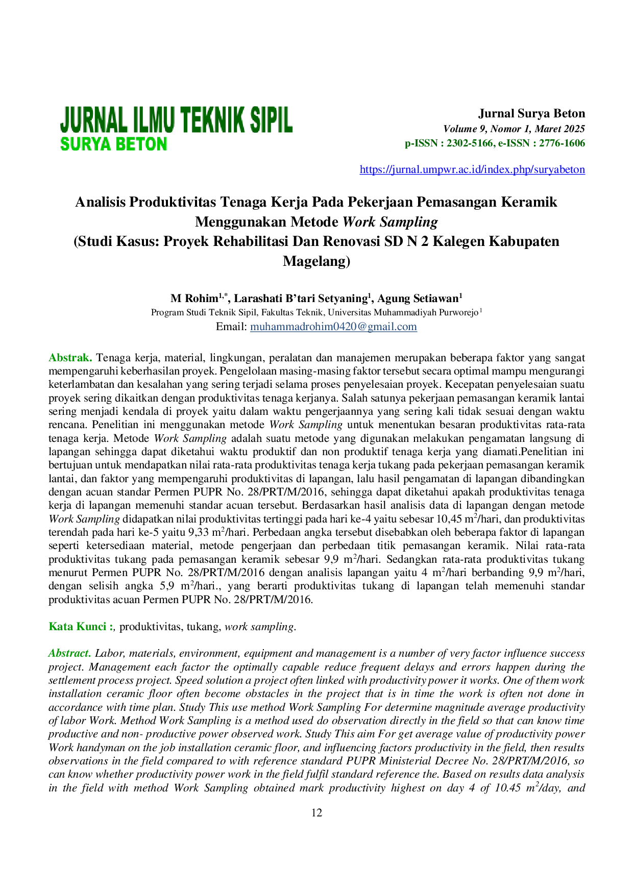 JURIS Analisis Produktivitas Tenaga Kerja Pada Pekerjaan Pemasangan Keramik Menggunakan Metode Work Sampling Studi Kasus Proyek Rehabilitasi Dan Renovasi SD N 2 Kalegen Kabupaten Magelang