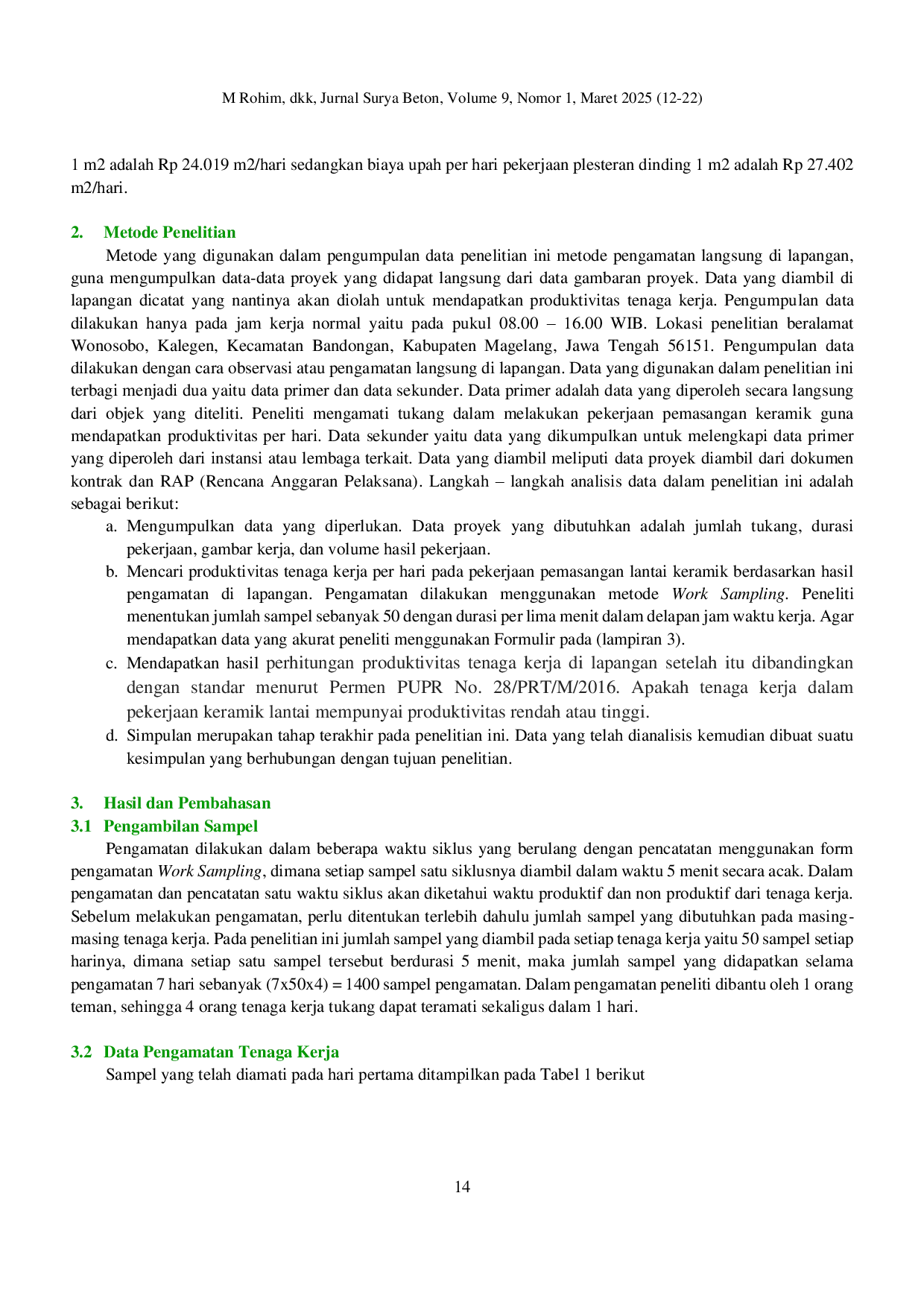 JURIS Analisis Produktivitas Tenaga Kerja Pada Pekerjaan Pemasangan Keramik Menggunakan Metode Work Sampling Studi Kasus Proyek Rehabilitasi Dan Renovasi SD N 2 Kalegen Kabupaten Magelang