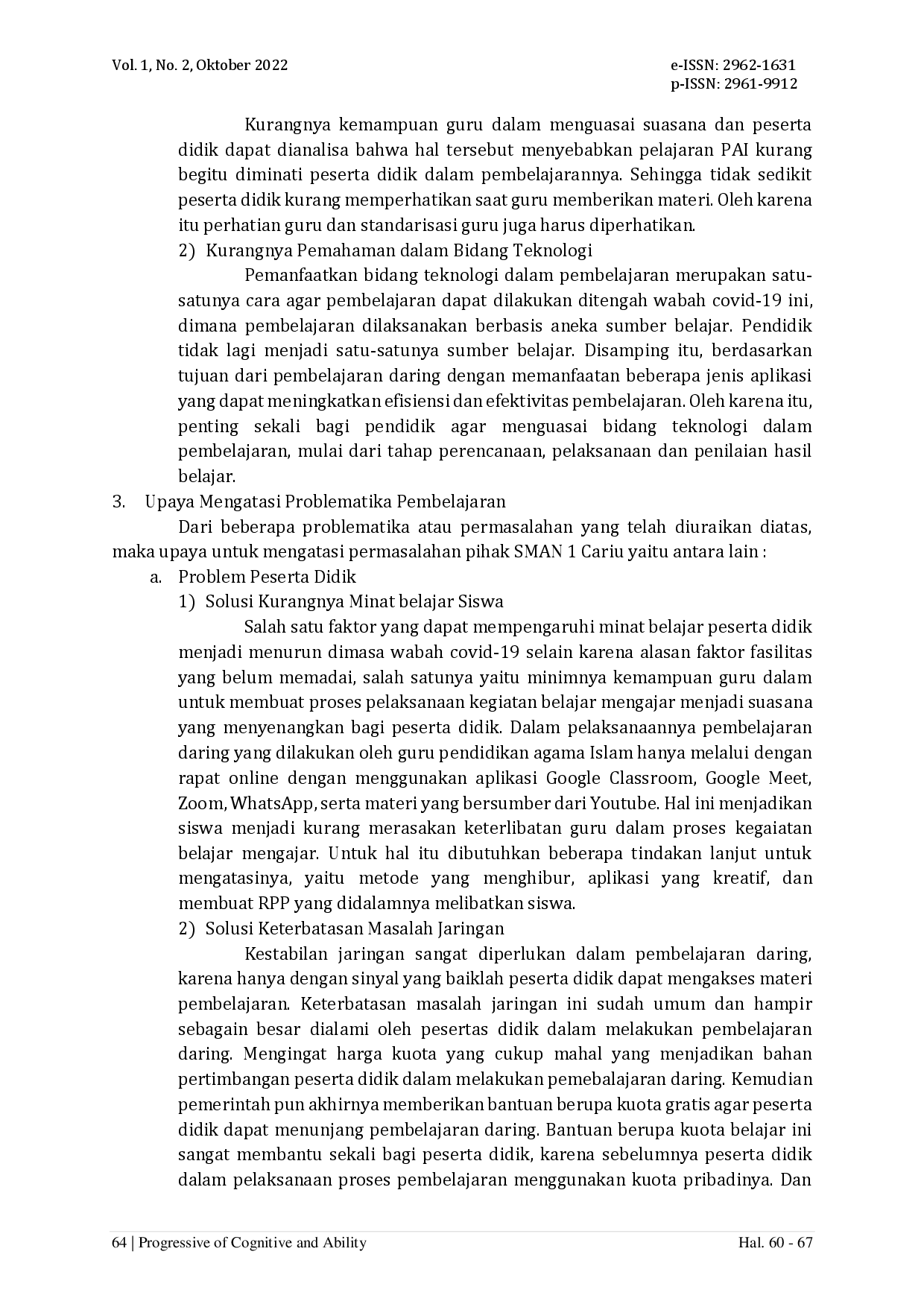 juris Problem dan Ketuntasan Belajar Siswa SMAN 1 Cariu pada Mata Pelajaran PAI di Masa Pandemi Covid 19