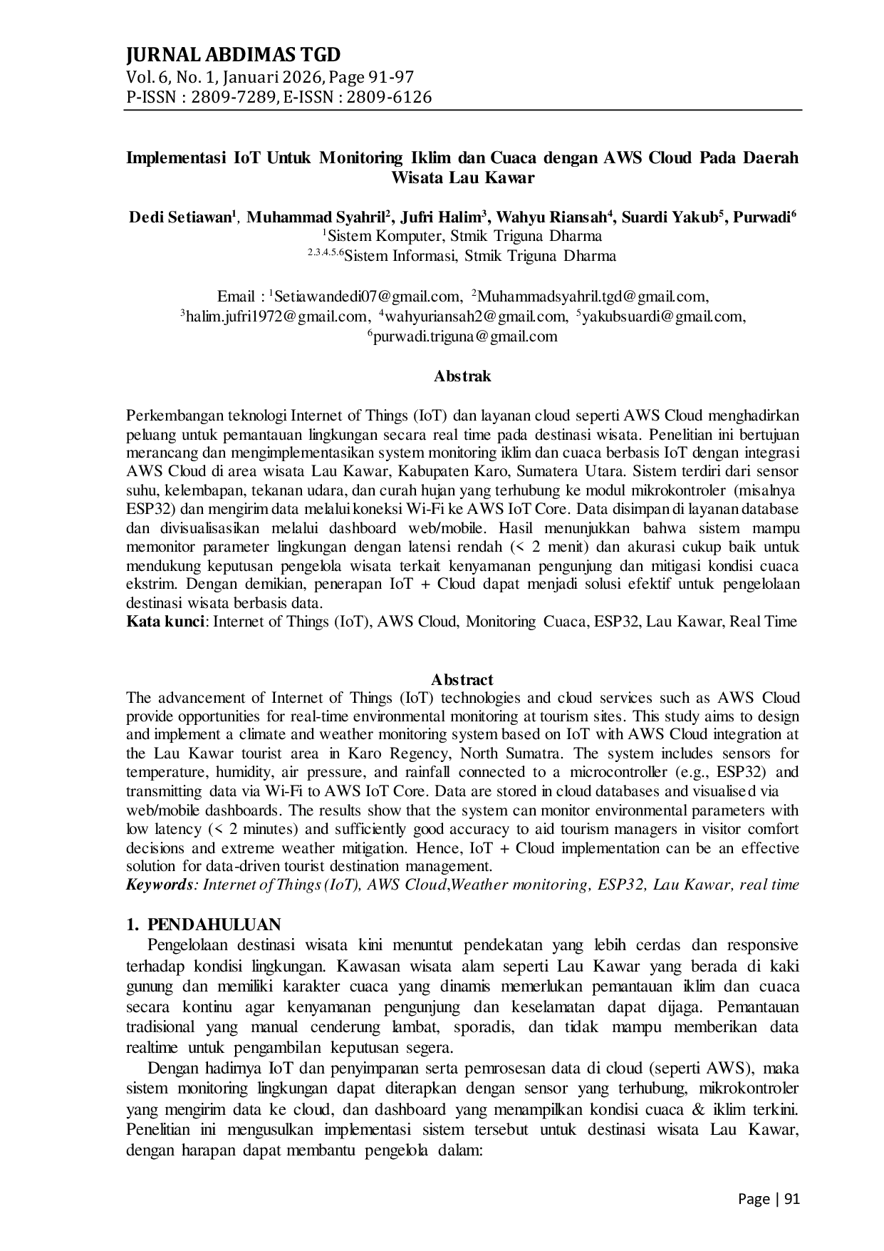 JURIS Implementasi IoT untuk Monitoring Iklim dan Cuaca dengan AWS Cloud pada Daerah Wisata Lau Kawar