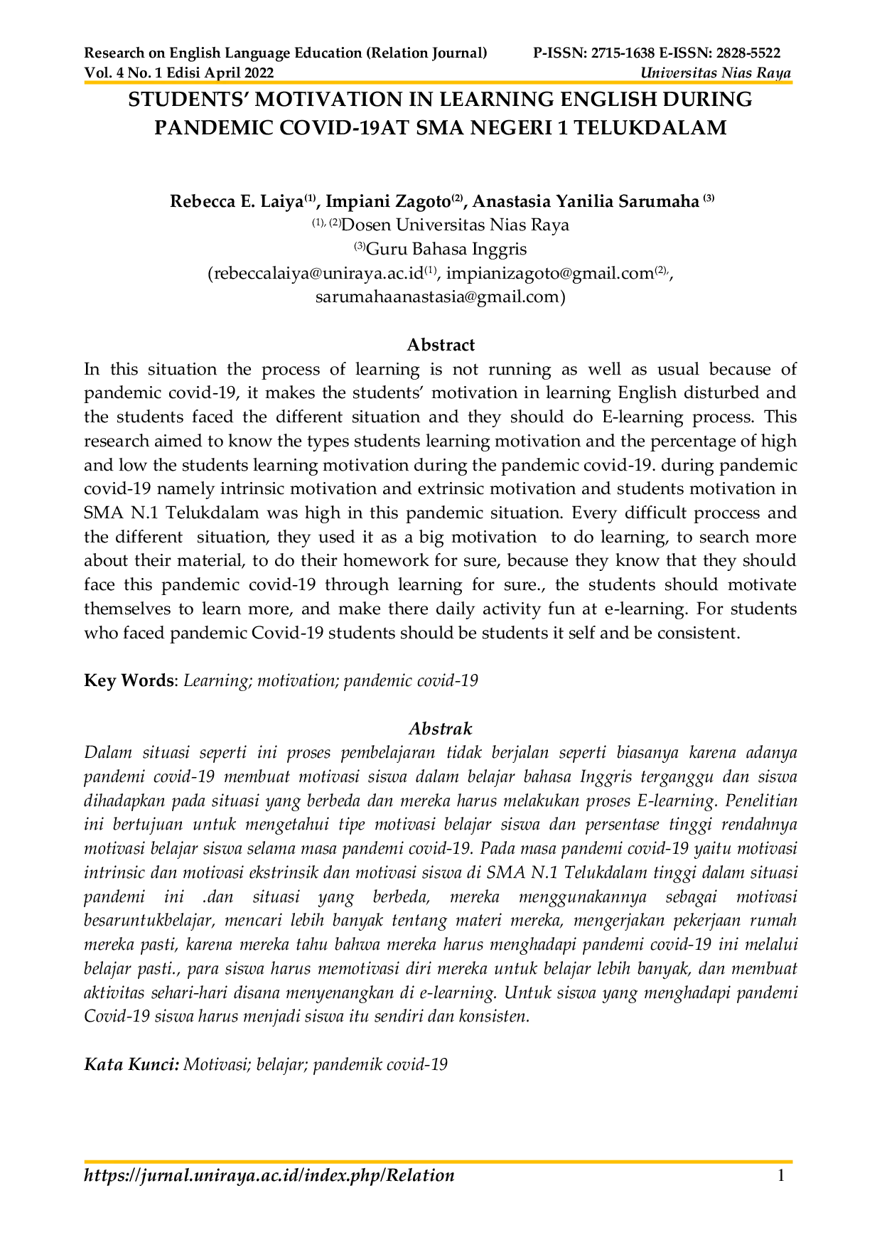 JURIS Students Motivation in Learning English During Pandemic COVID 19 at SMA Negeri 1 Telukdalam