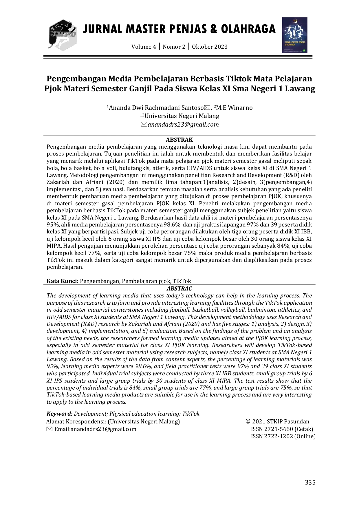 JURIS Pengembangan Media Pembelajaran Berbasis Tiktok Mata Pelajaran Pjok Materi Semester Ganjil Pada Siswa Kelas XI Sma Negeri 1 Lawang