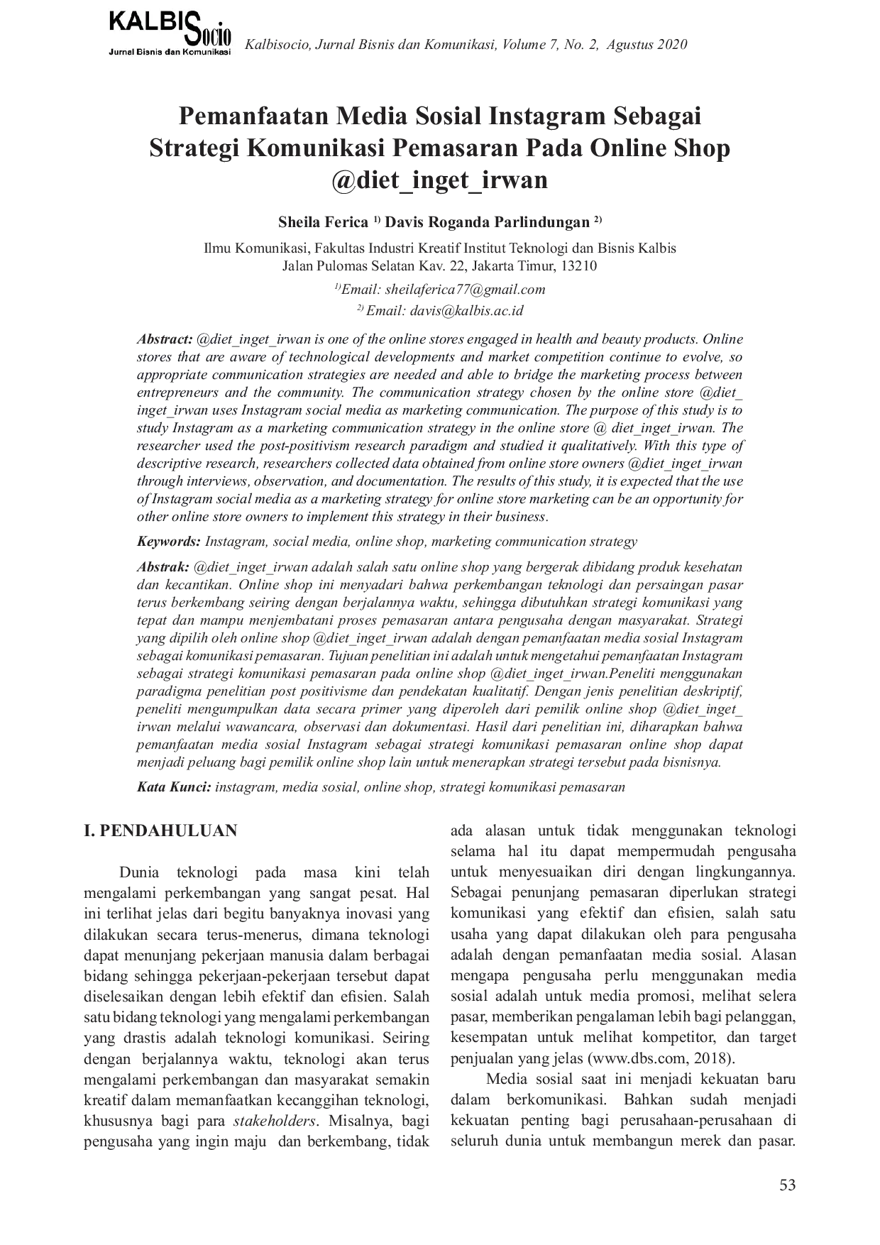 JURIS Pemanfaatan Media Sosial Instagram Sebagai Strategi Komunikasi Pemasaran Pada Online Shop diet inget irwan