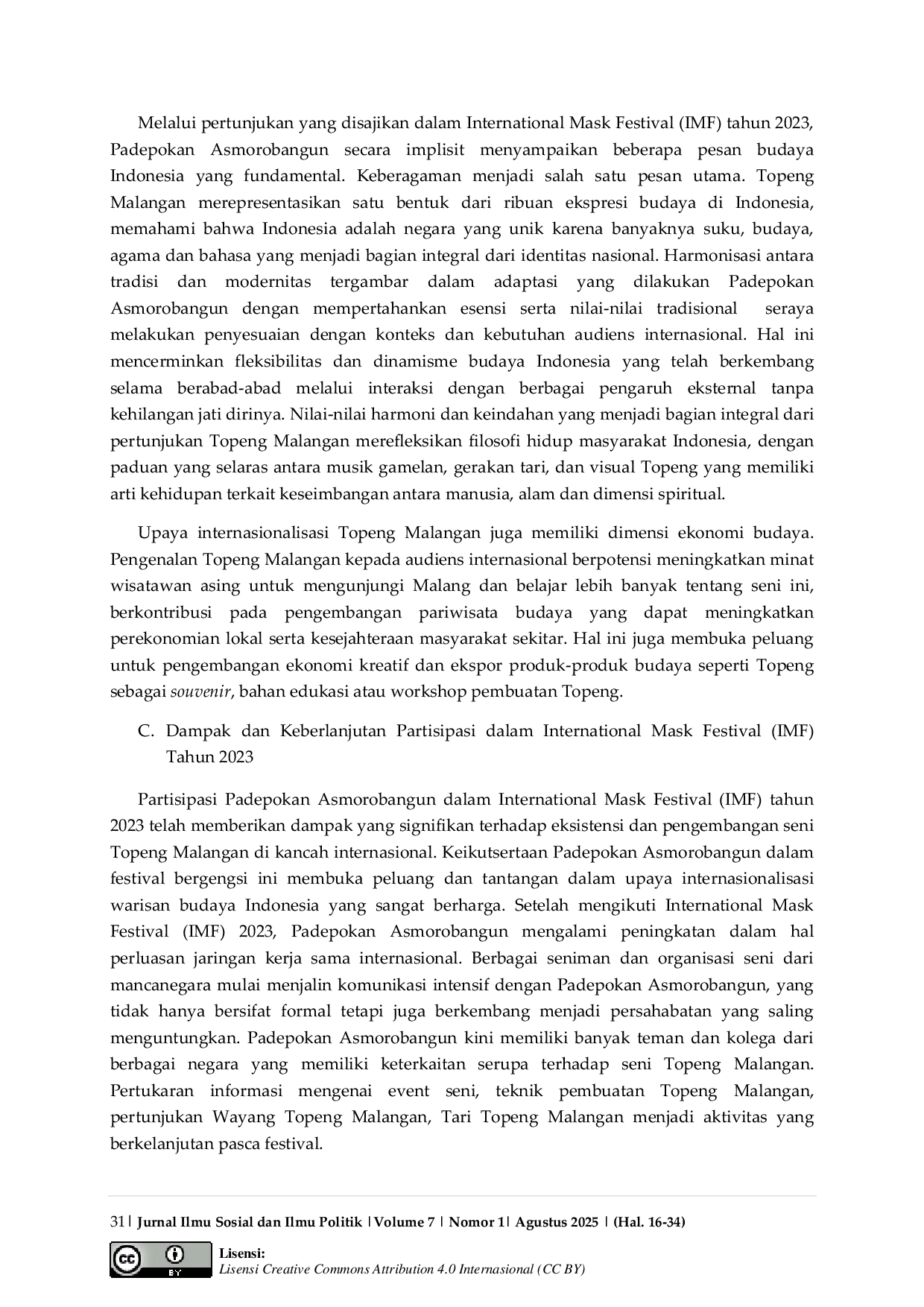 JURIS Strategi Internasionalisasi Topeng Malangan Oleh Padepokan Asmorobangun Dalam International Mask Festival IMF Tahun 2023