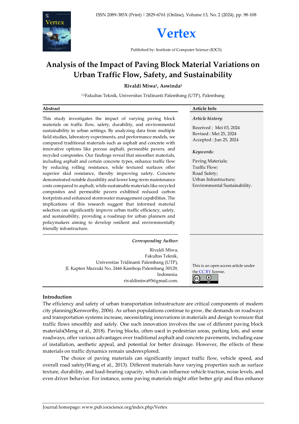 JURIS Analysis Of The Impact Of Paving Block Material Variations On Urban Traffic Flow Safety And Sustainability