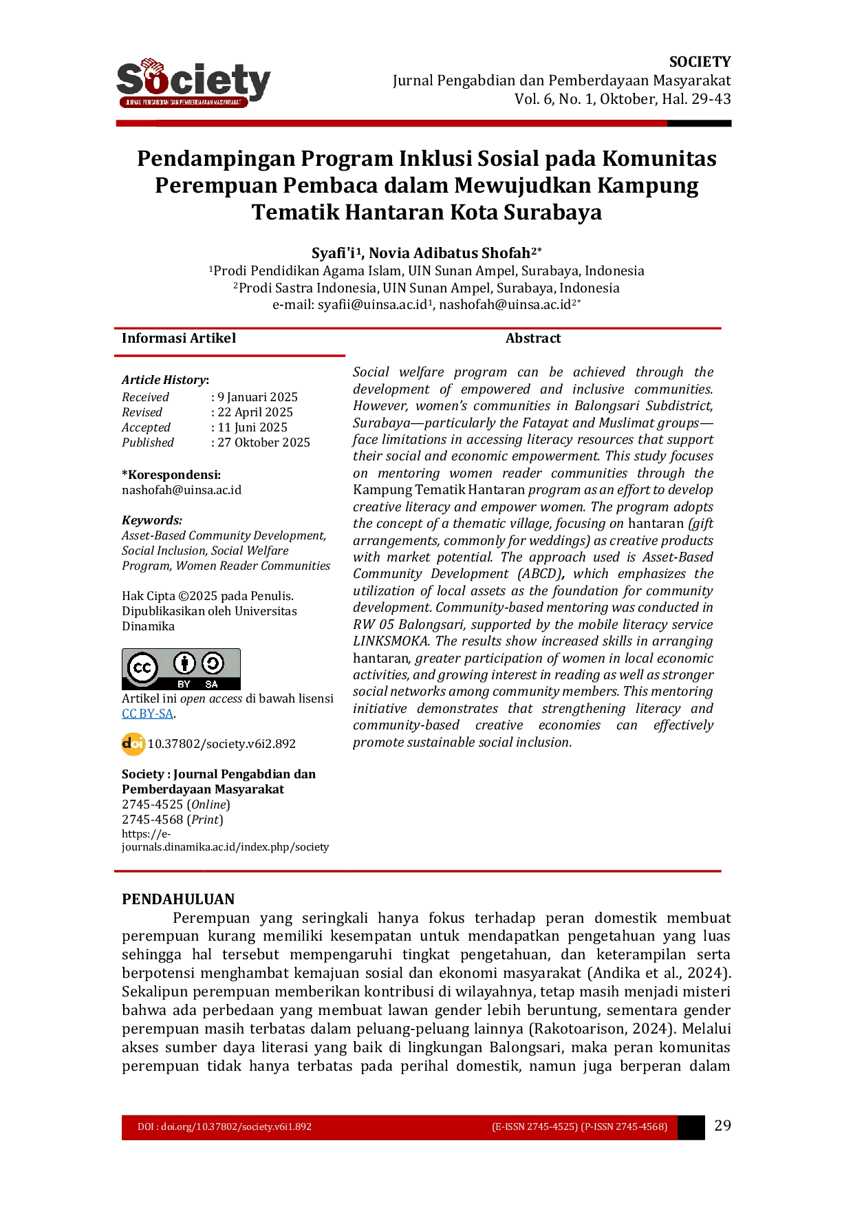 JURIS Pendampingan Program Inklusi Sosial pada Komunitas Perempuan Pembaca dalam Mewujudkan Kampung Tematik Hantaran Kota Surabaya