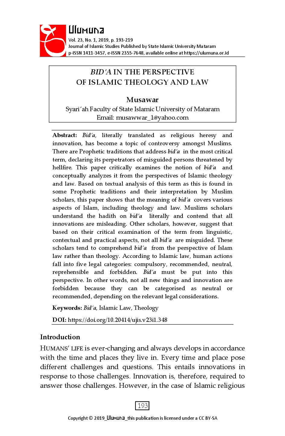 juris Bid a in the Perspective of Islamic Theology and Law