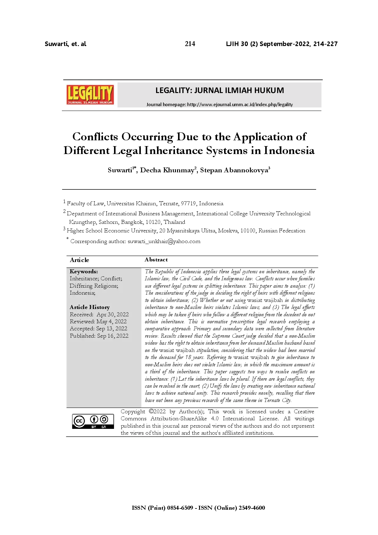 juris Conflicts occurring due to the application of different legal inheritance systems in Indonesia