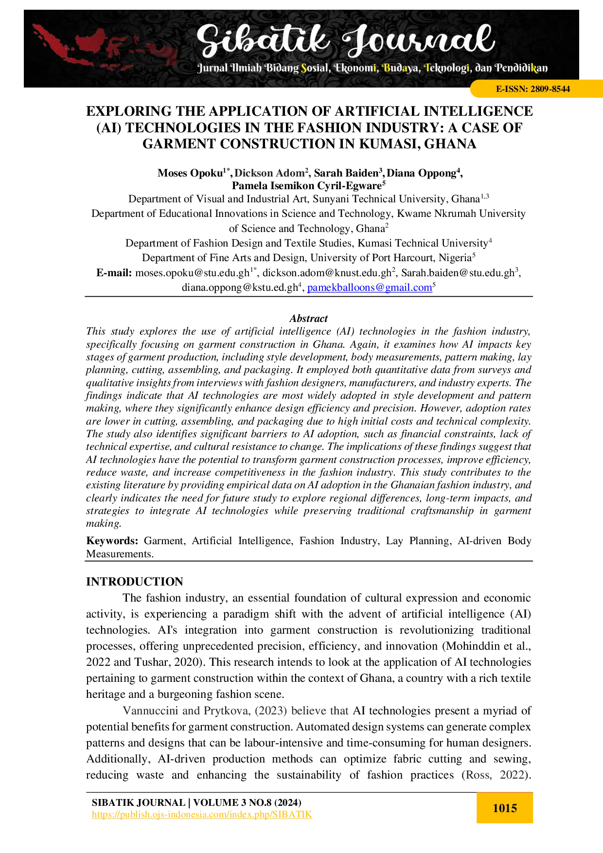 juris Exploring The Application Of Artificial Intelligence Ai Technologies In The Fashion Industry A Case Of Garment Construction In Kumasi Ghana