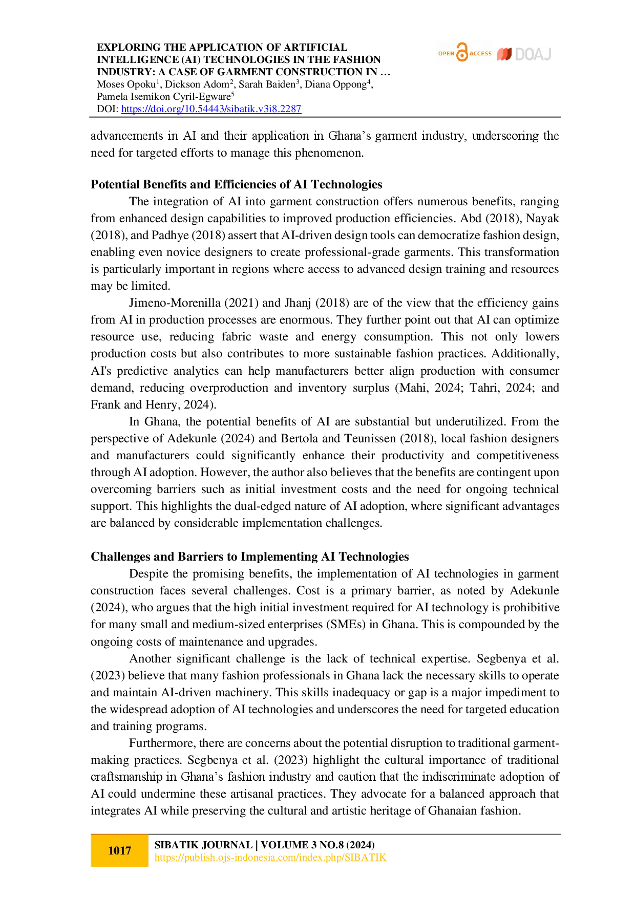 juris Exploring The Application Of Artificial Intelligence Ai Technologies In The Fashion Industry A Case Of Garment Construction In Kumasi Ghana