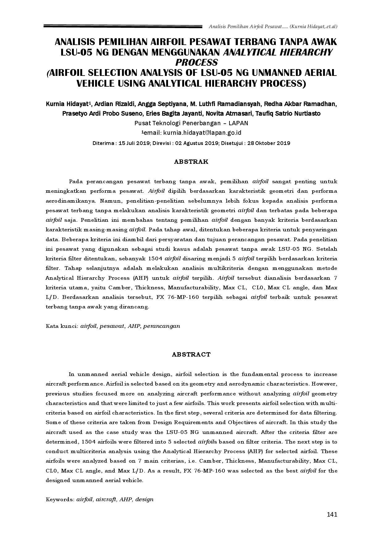 juris Pemilihan Airfoil Pesawat Terbang Tanpa Awak LSU 05 NG dengan Menggunakan Analytical Hierarchy Process