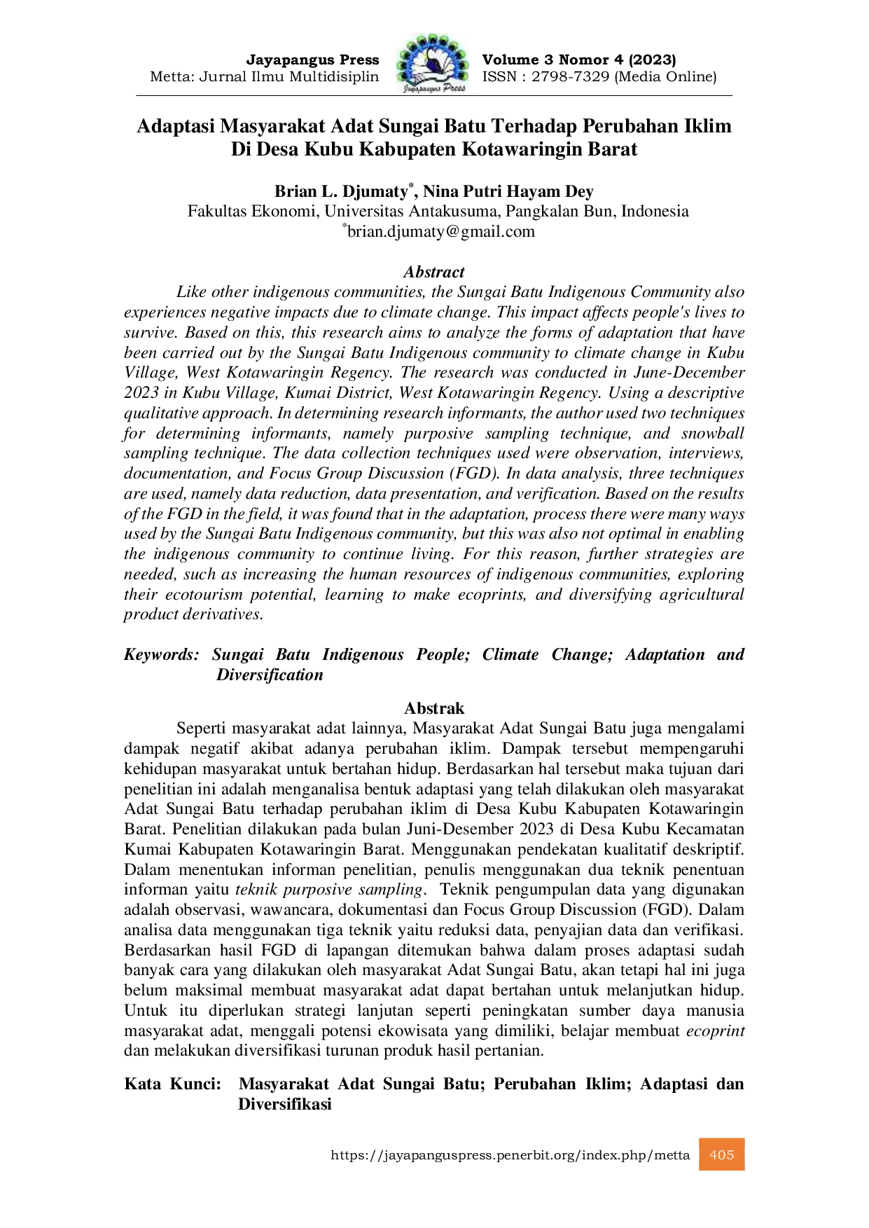 JURIS Adaptasi Masyarakat Adat Sungai Batu Terhadap Perubahan Iklim Di Desa Kubu Kabupaten Kotawaringin Barat