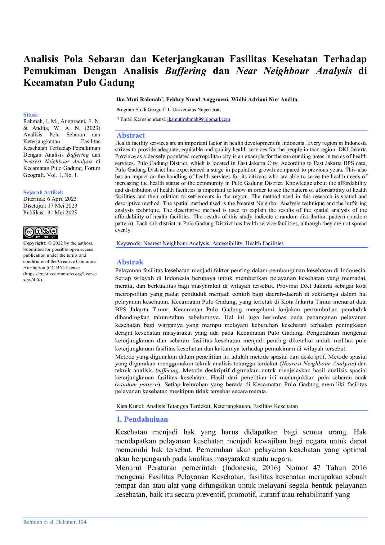 JURIS Analisis Pola Sebaran dan Keterjangkauan Fasilitas Kesehatan Terhadap Pemukiman Dengan Analisis Buffering dan Near Neighbour Analysis di Kecamatan Pulo Gadung