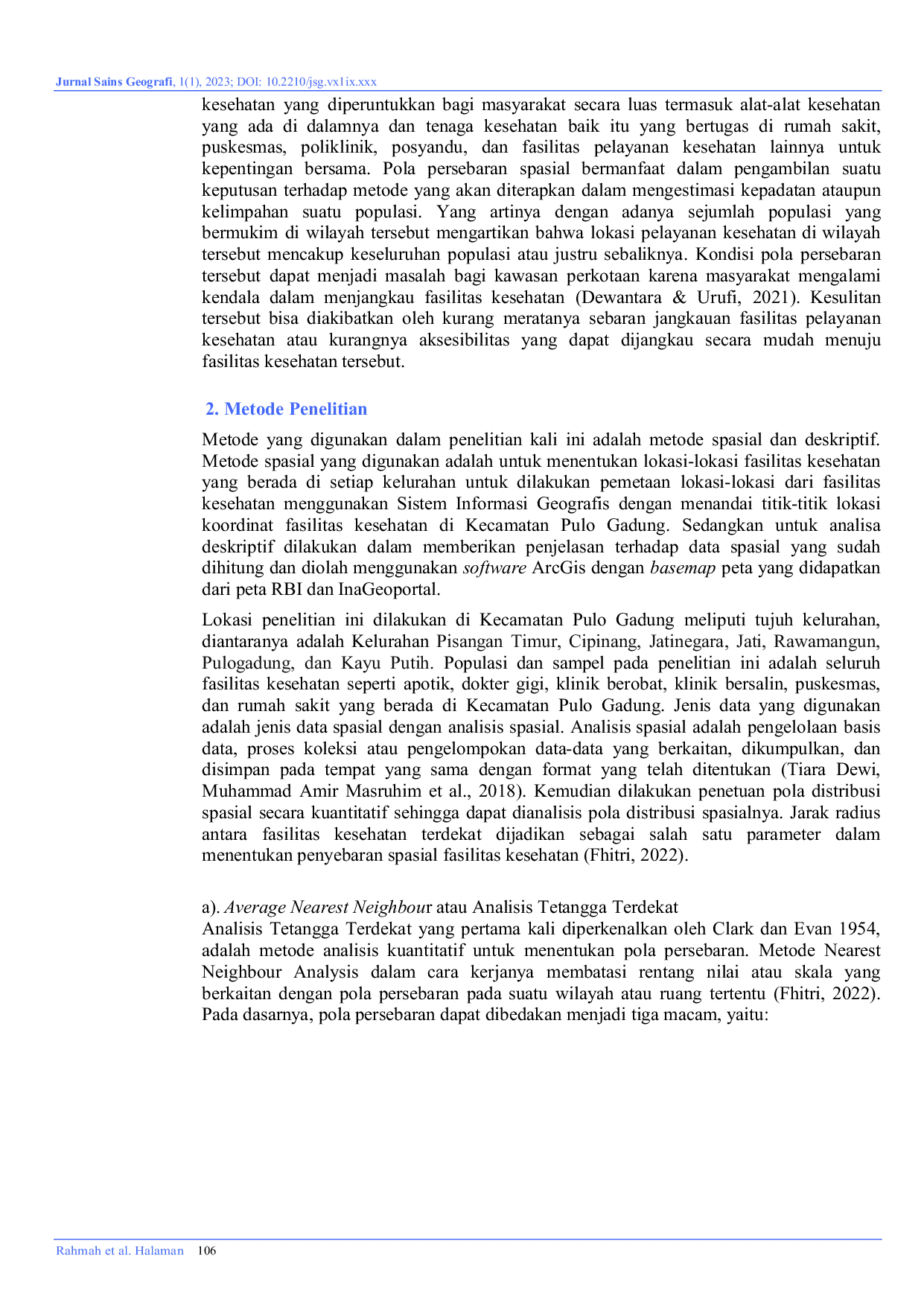 JURIS Analisis Pola Sebaran dan Keterjangkauan Fasilitas Kesehatan Terhadap Pemukiman Dengan Analisis Buffering dan Near Neighbour Analysis di Kecamatan Pulo Gadung
