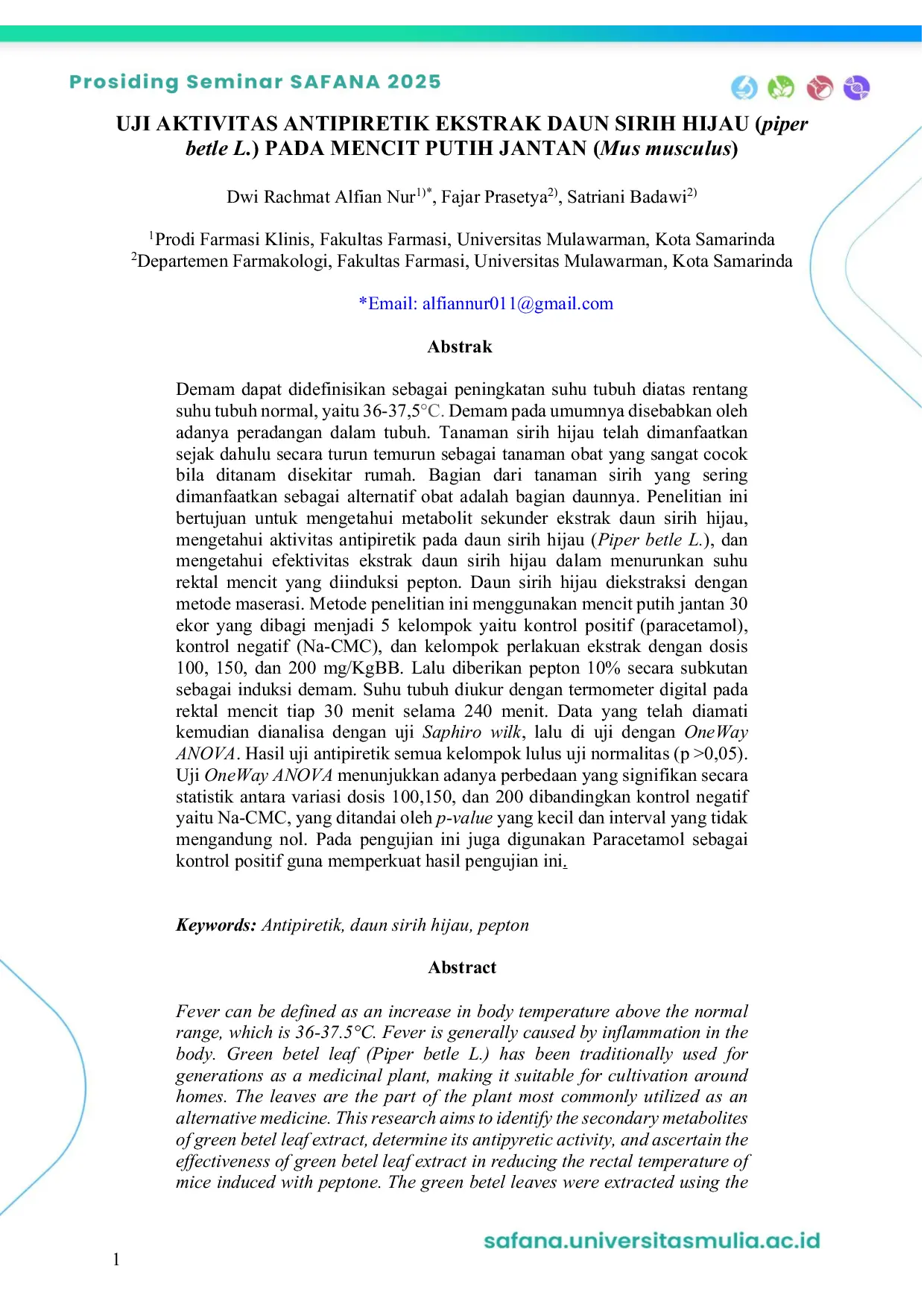 JURIS UJI AKTIVITAS ANTIPIRETIK EKSTRAK DAUN SIRIH HIJAU piper betle L PADA MENCIT PUTIH JANTAN Mus musculus