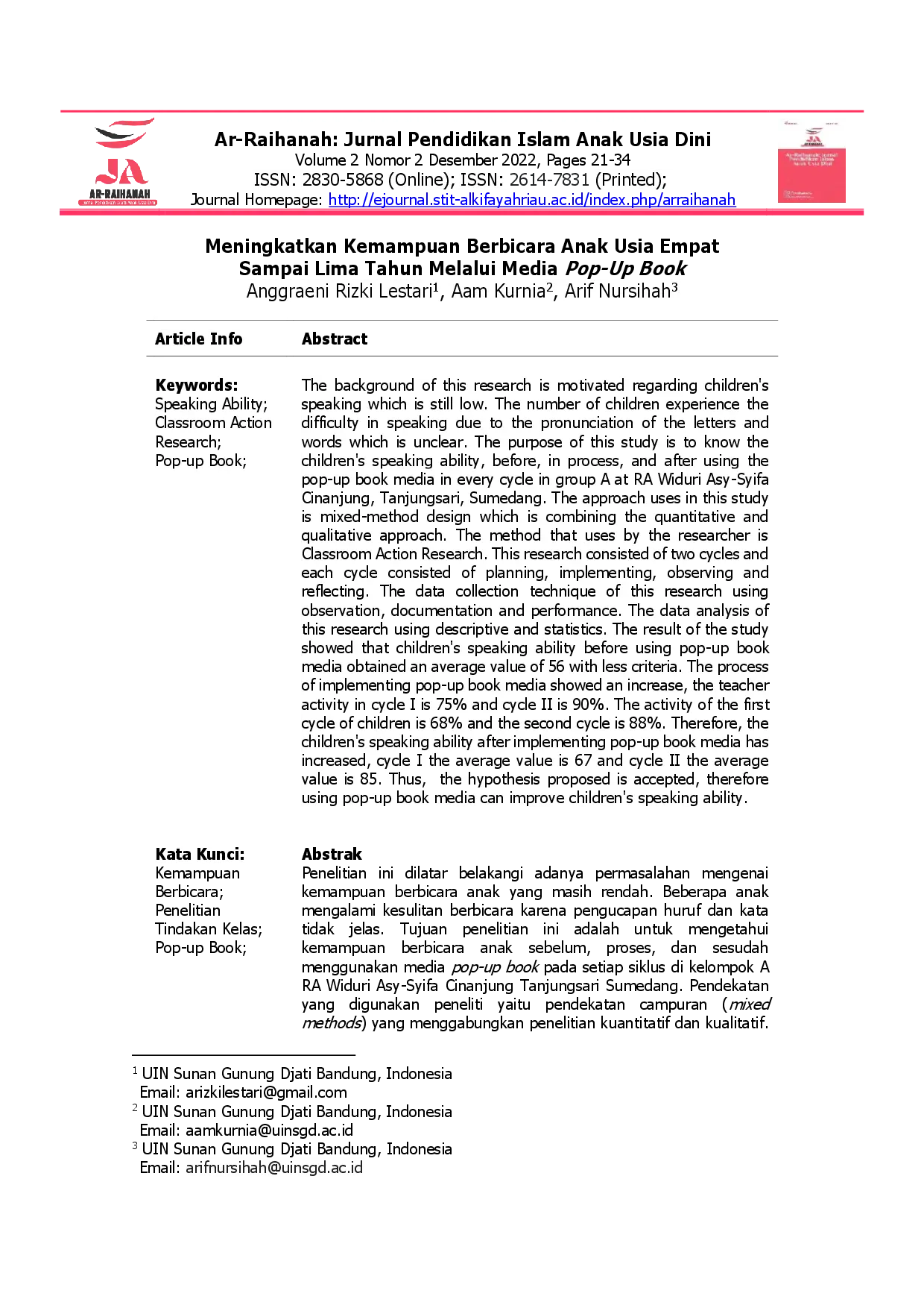 juris Meningkatkan Kemampuan Berbicara Anak Usia Empat Sampai Lima Tahun Melalui Media Pop Up Book