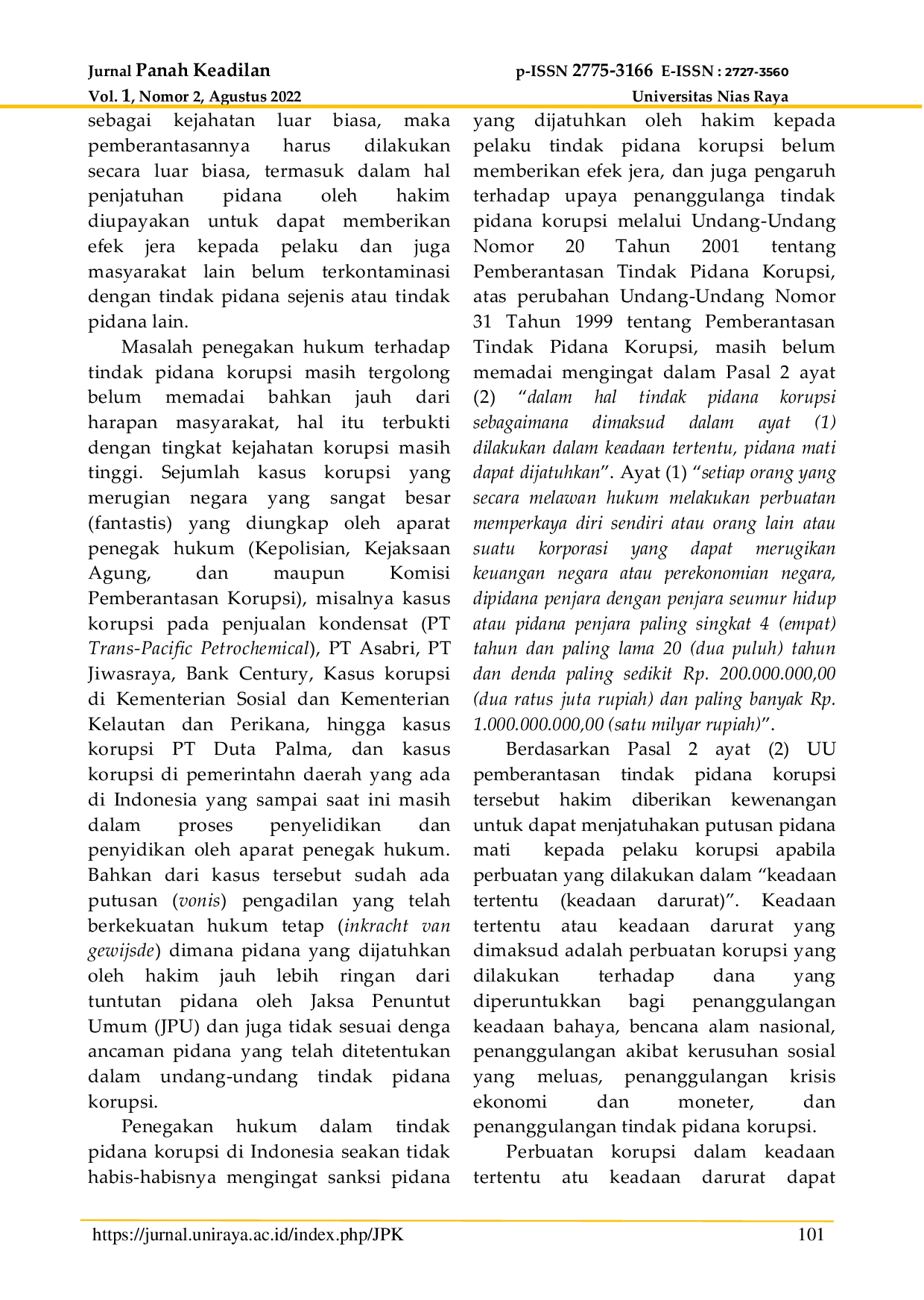 JURIS Problematika Penegakan Hukum Pidana Mati Pada Tindak Pidana Korupsi Dalam Perspektif Perlindungan Ham