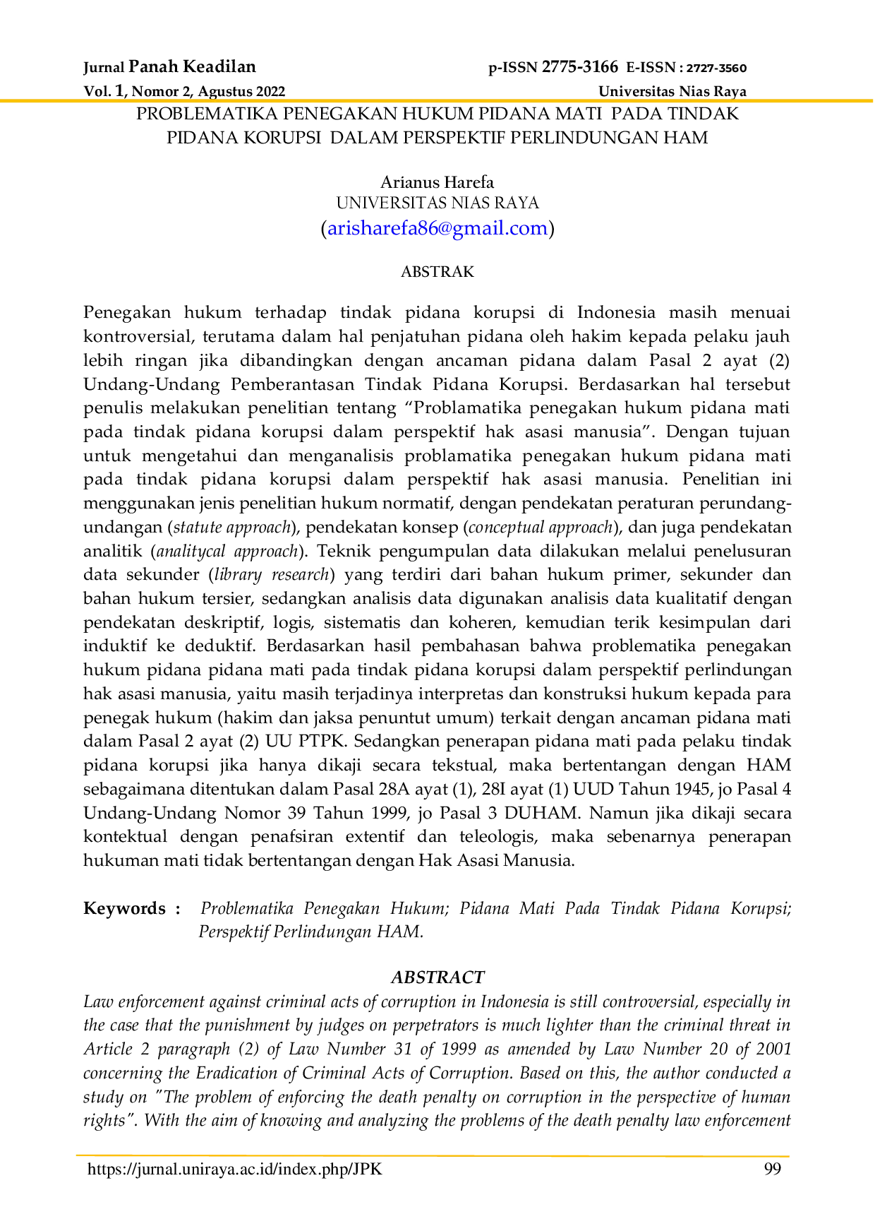 JURIS Problematika Penegakan Hukum Pidana Mati Pada Tindak Pidana Korupsi Dalam Perspektif Perlindungan Ham