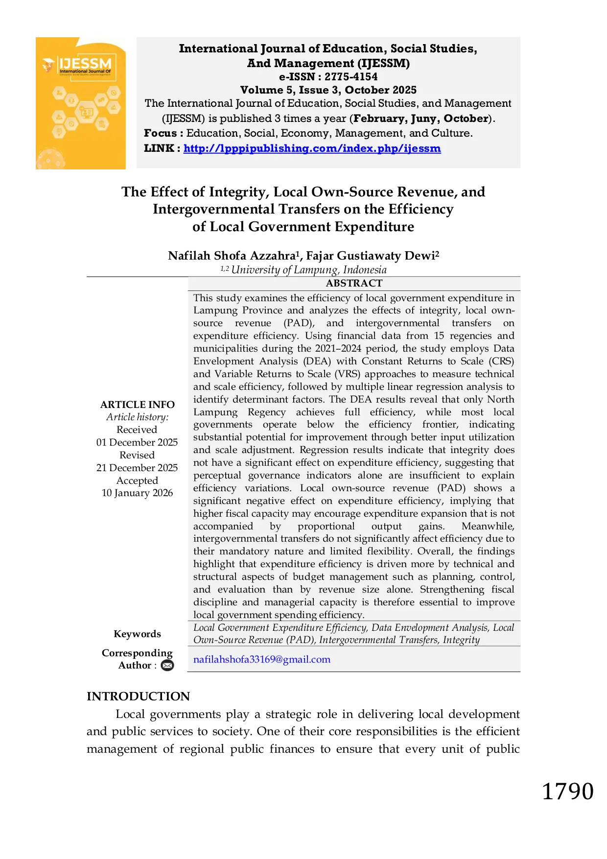JURIS The Effect of Integrity Local Own Source Revenue and Intergovernmental Transfers on the Efficiency of Local Government Expenditure