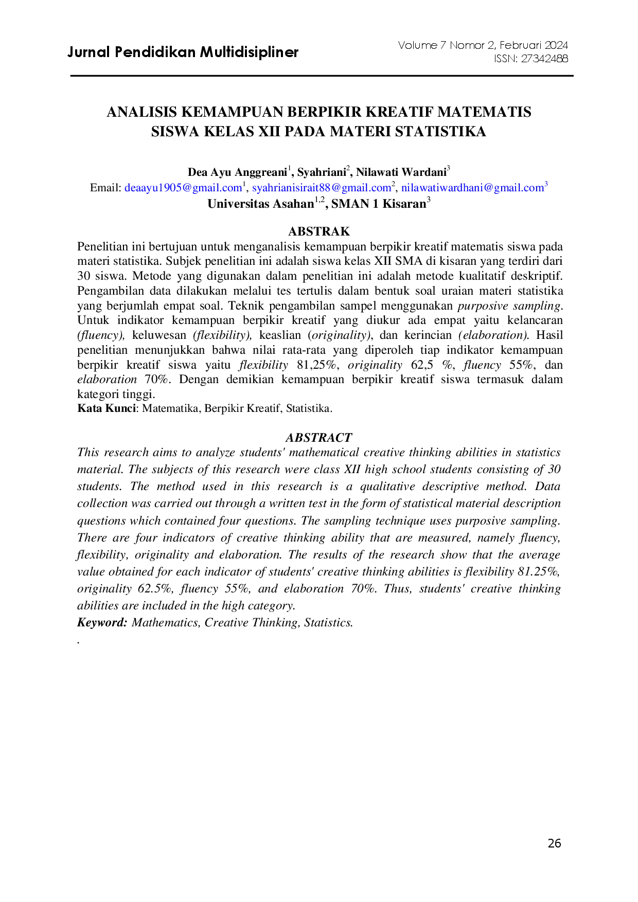 juris Analisis Kemampuan Berpikir Kreatif Matematis Siswa Kelas XII Pada Materi Statistika