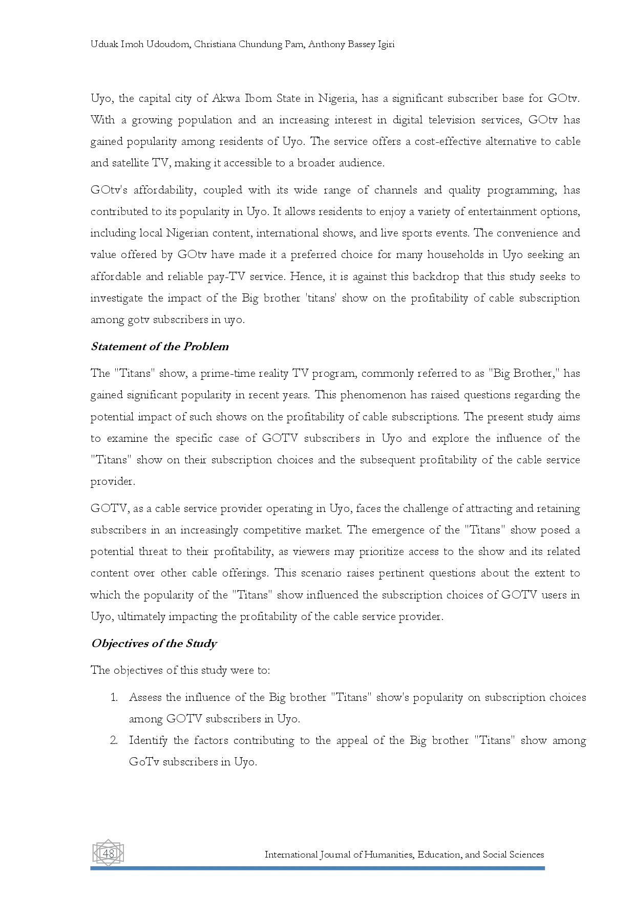 juris Big Brother Titans Show and Cable Subscription A Case Study of GOTV Subscribers in Uyo