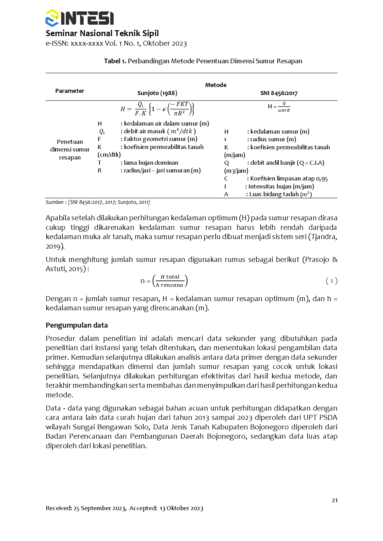 juris Perbandingan Perencanaan Dimensi Bangunan Ekodrainase Sumur Resapan di Desa Ngraseh Kecamatan Dander Kabupaten Bojonegoro