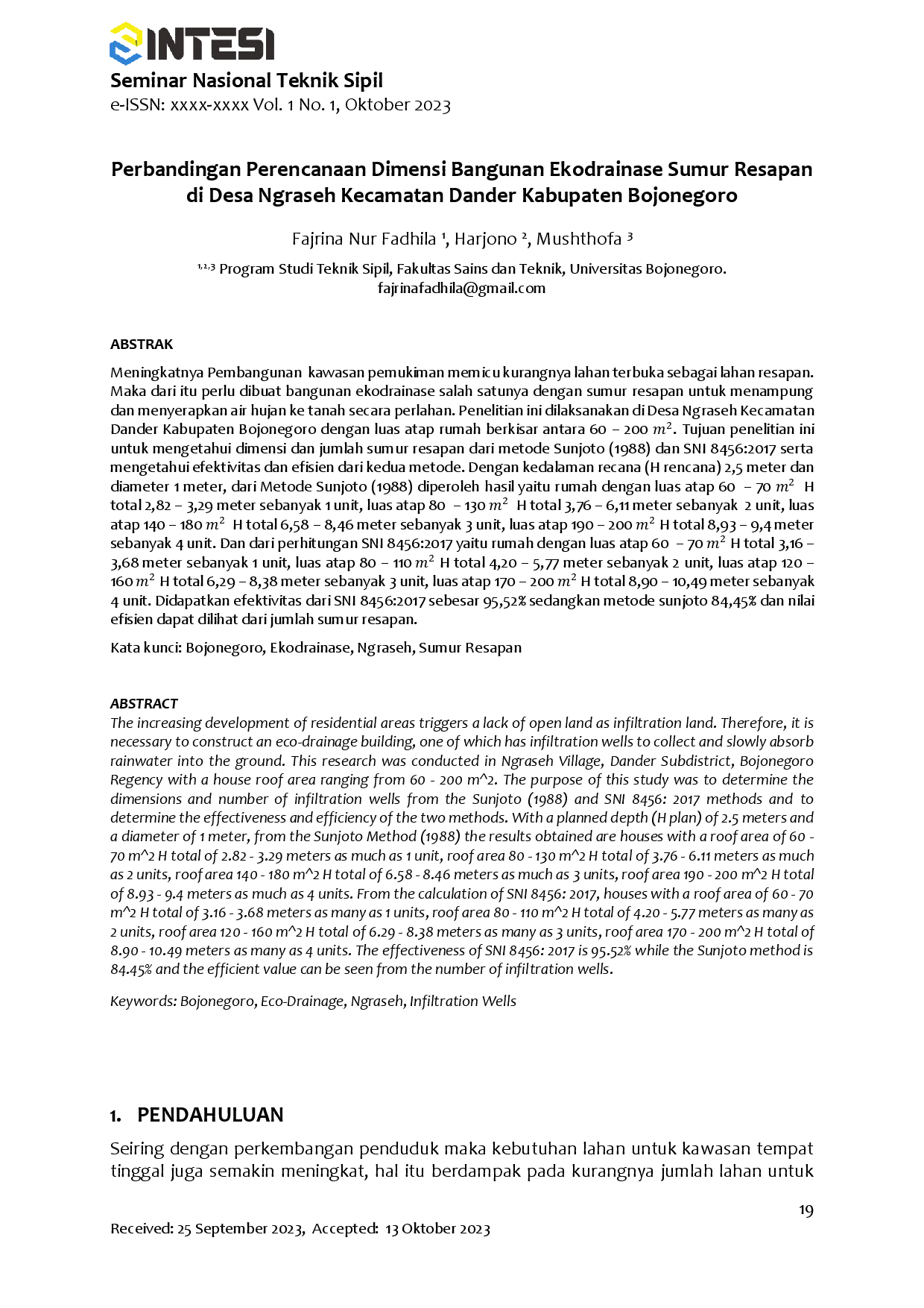 juris Perbandingan Perencanaan Dimensi Bangunan Ekodrainase Sumur Resapan di Desa Ngraseh Kecamatan Dander Kabupaten Bojonegoro