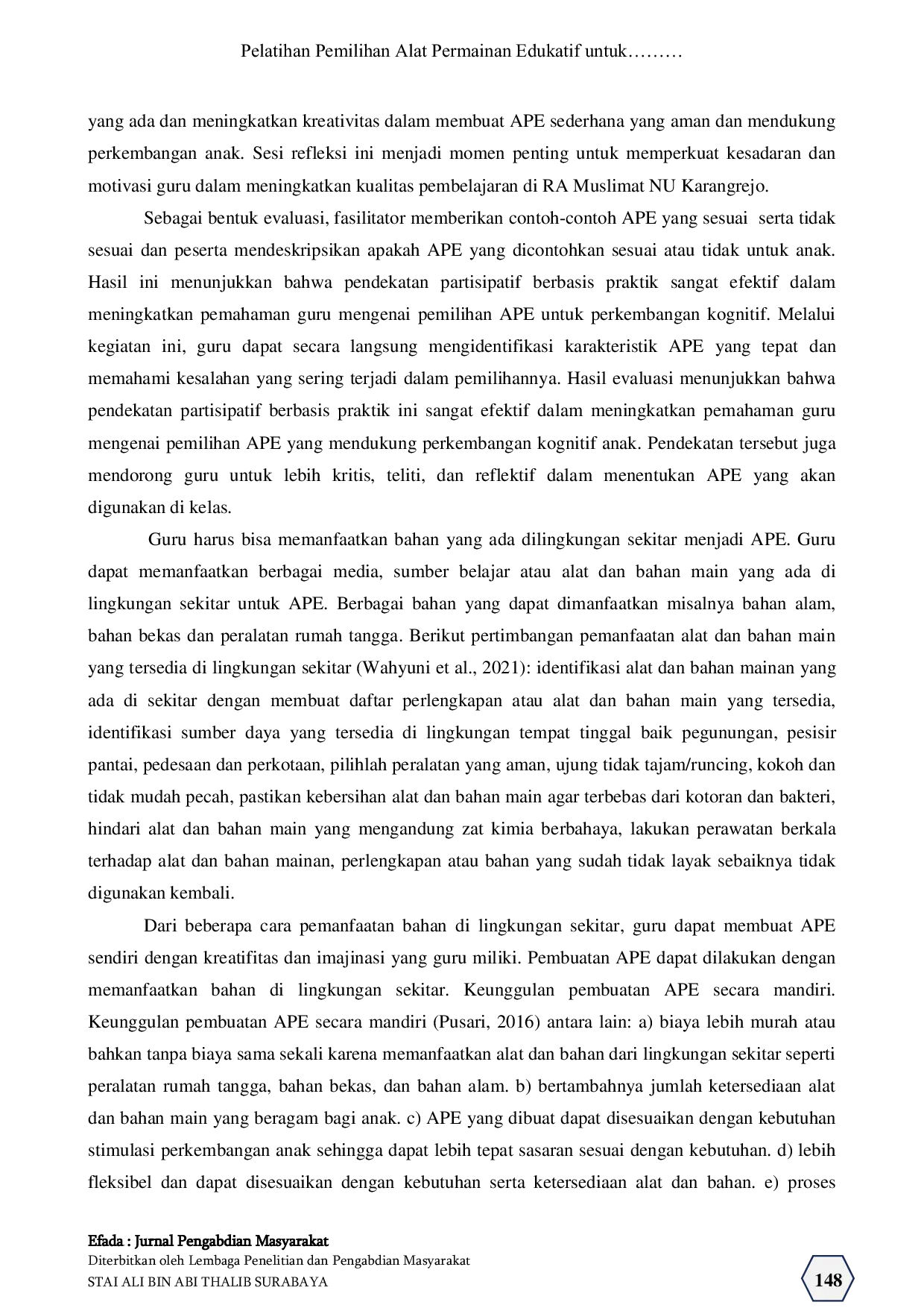 JURIS Pelatihan Pemilihan Alat Permainan Edukatif untuk Perkembangan Kognitif Anak Usia Dini