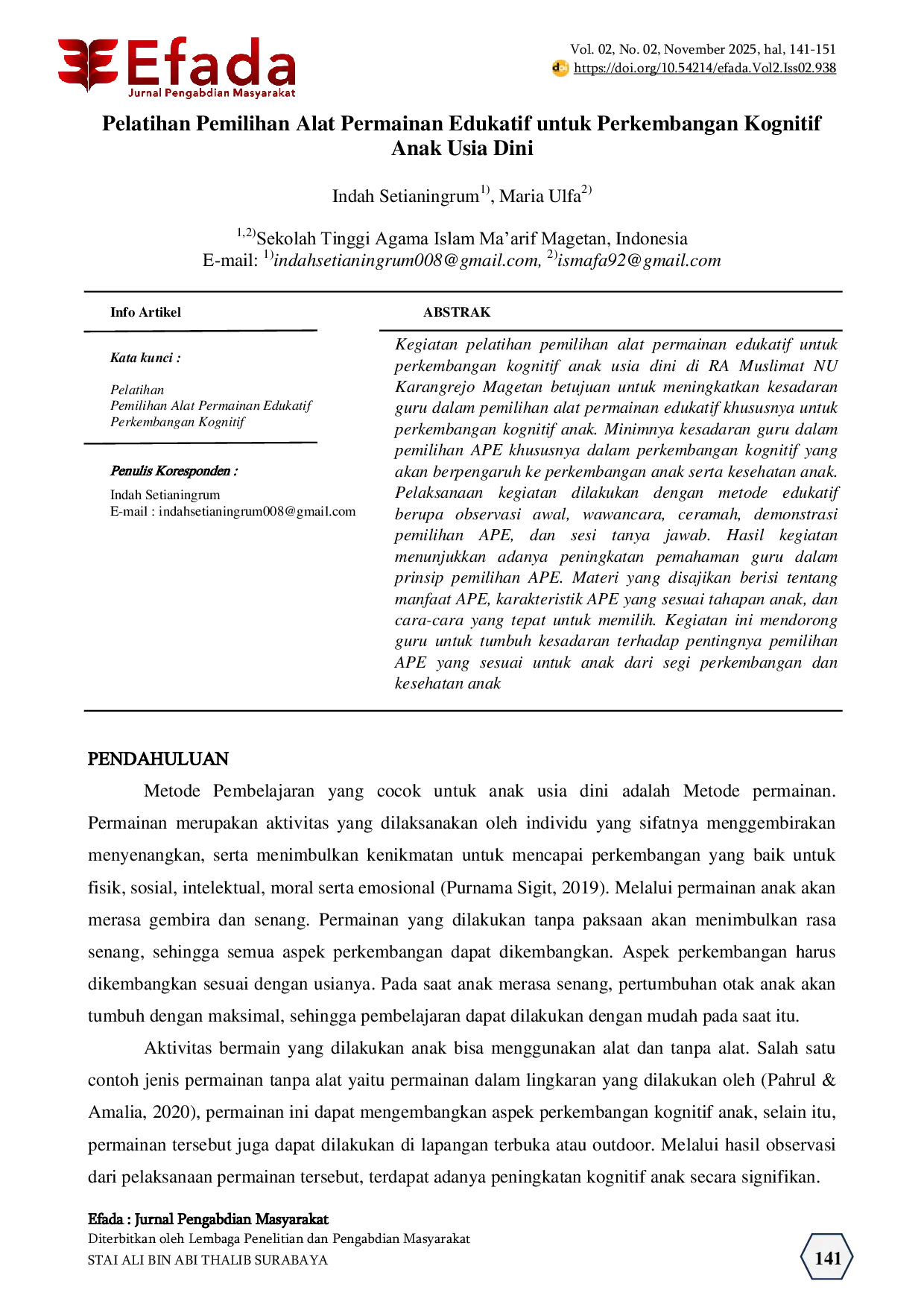 JURIS Pelatihan Pemilihan Alat Permainan Edukatif untuk Perkembangan Kognitif Anak Usia Dini