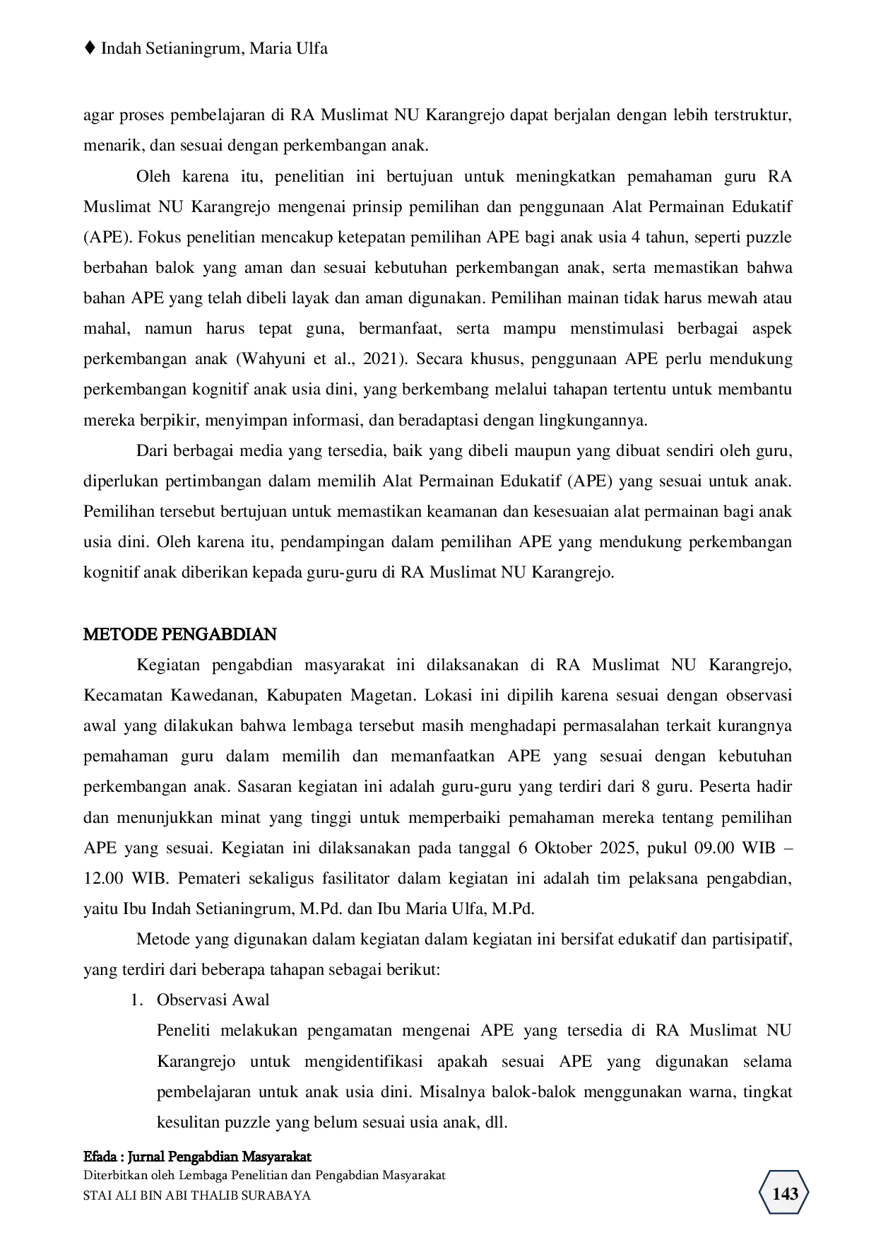 JURIS Pelatihan Pemilihan Alat Permainan Edukatif untuk Perkembangan Kognitif Anak Usia Dini