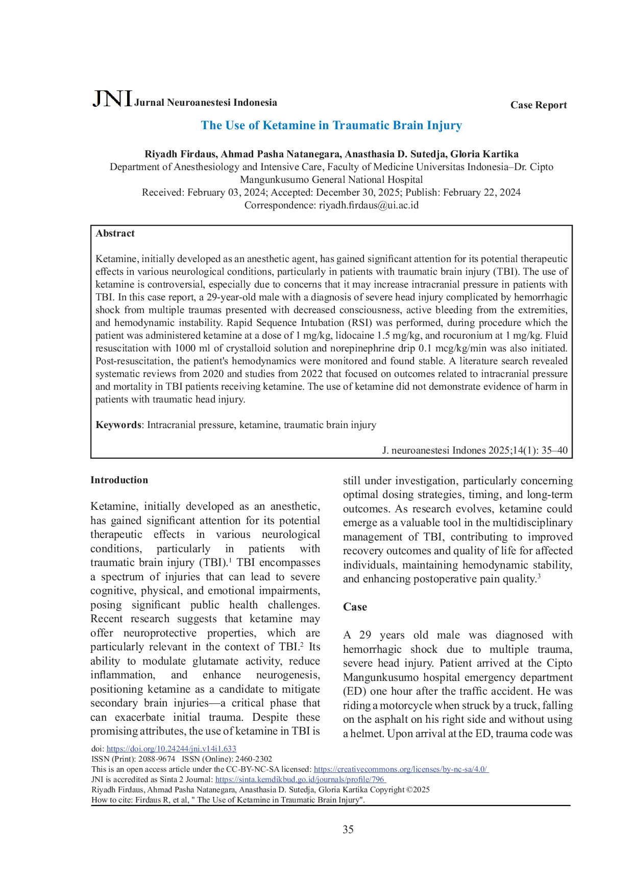 JURIS The Use of Ketamine in Traumatic Brain Injury