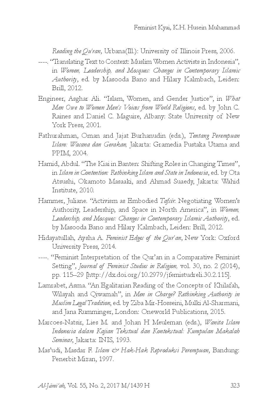 juris Feminist Kyai K H Husein Muhammad The Feminist Interpretation on Gendered Verses and the Qur An Based Activism