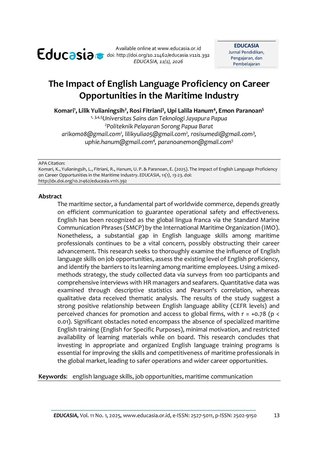 JURIS The Impact of English Language Proficiency on Career Opportunities in the Maritime Industry
