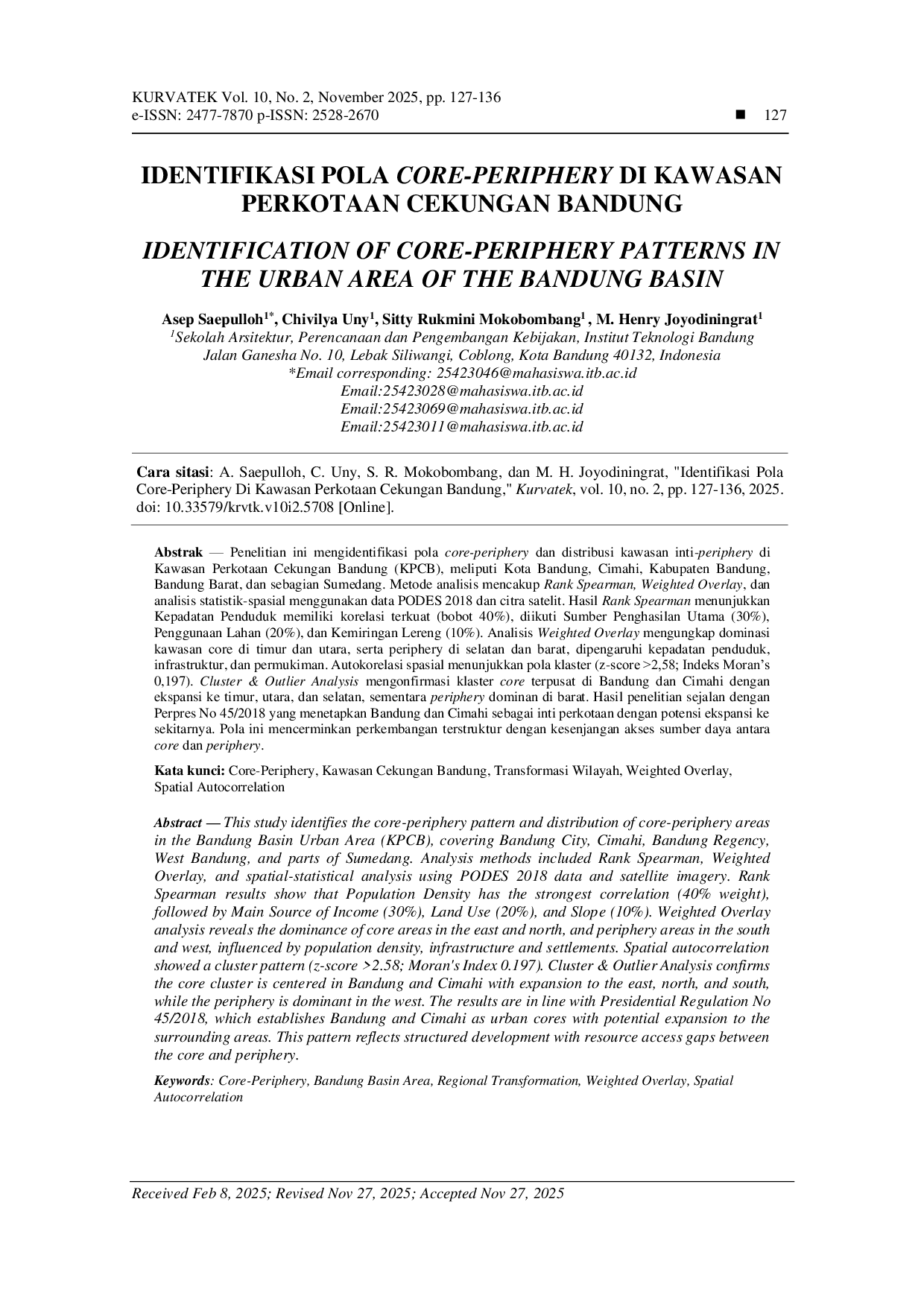 JURIS Identifikasi Pola Core Periphery di Kawasan Perkotaan Cekungan Bandung