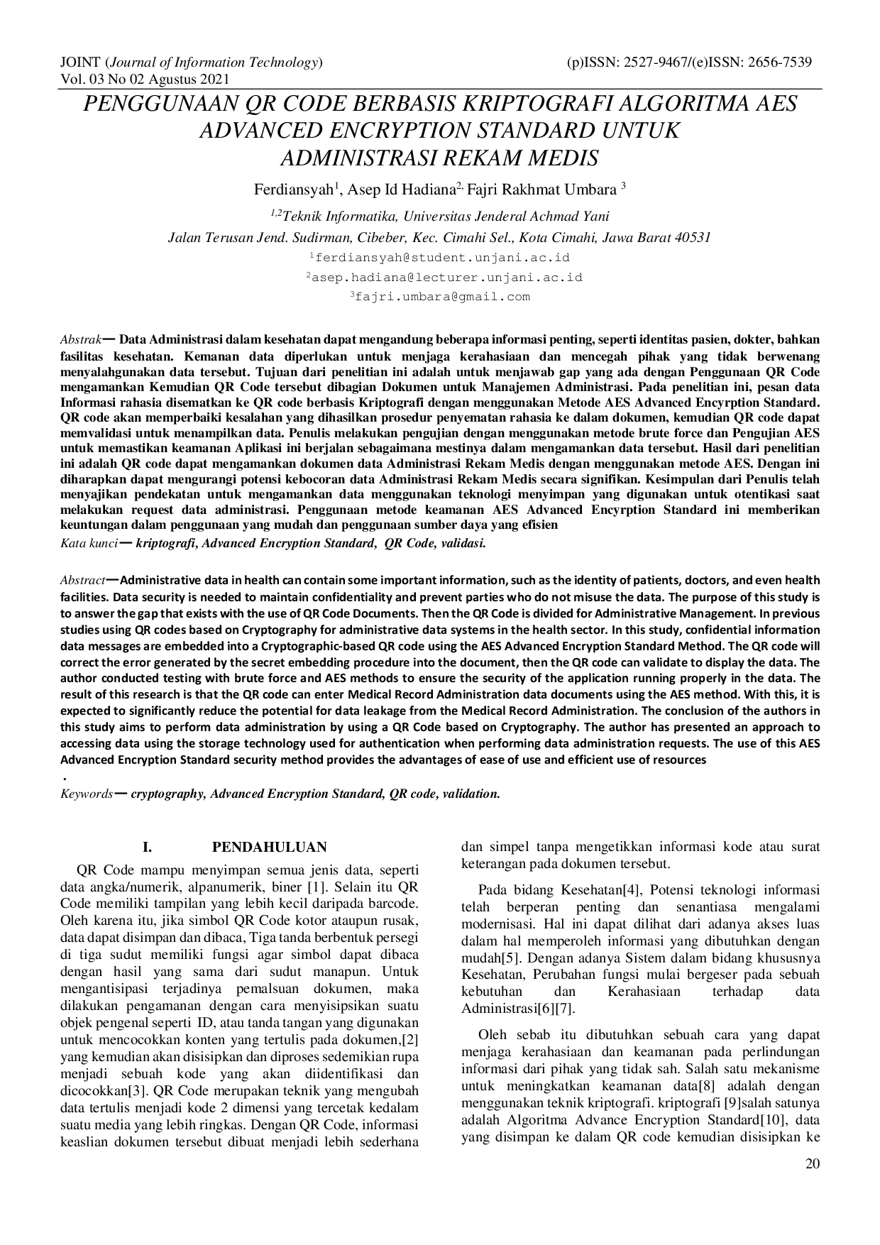 JURIS Penggunaan Qr Code Berbasis Kriptografi Algoritma Aes Advanced Encryption Standard Untuk Administrasi Rekam Medis