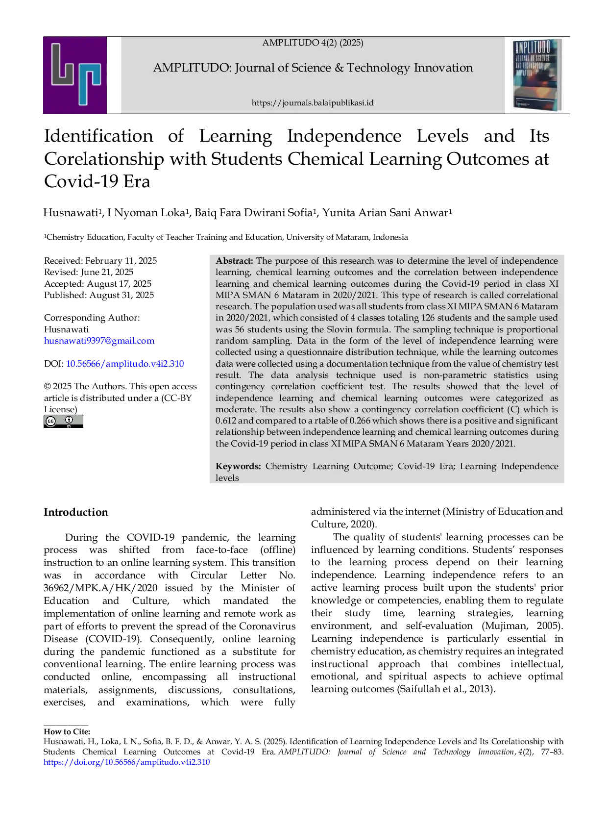JURIS Identification of Learning Independence Levels and Its Corelationship with Students Chemical Learning Outcomes at Covid 19 Era