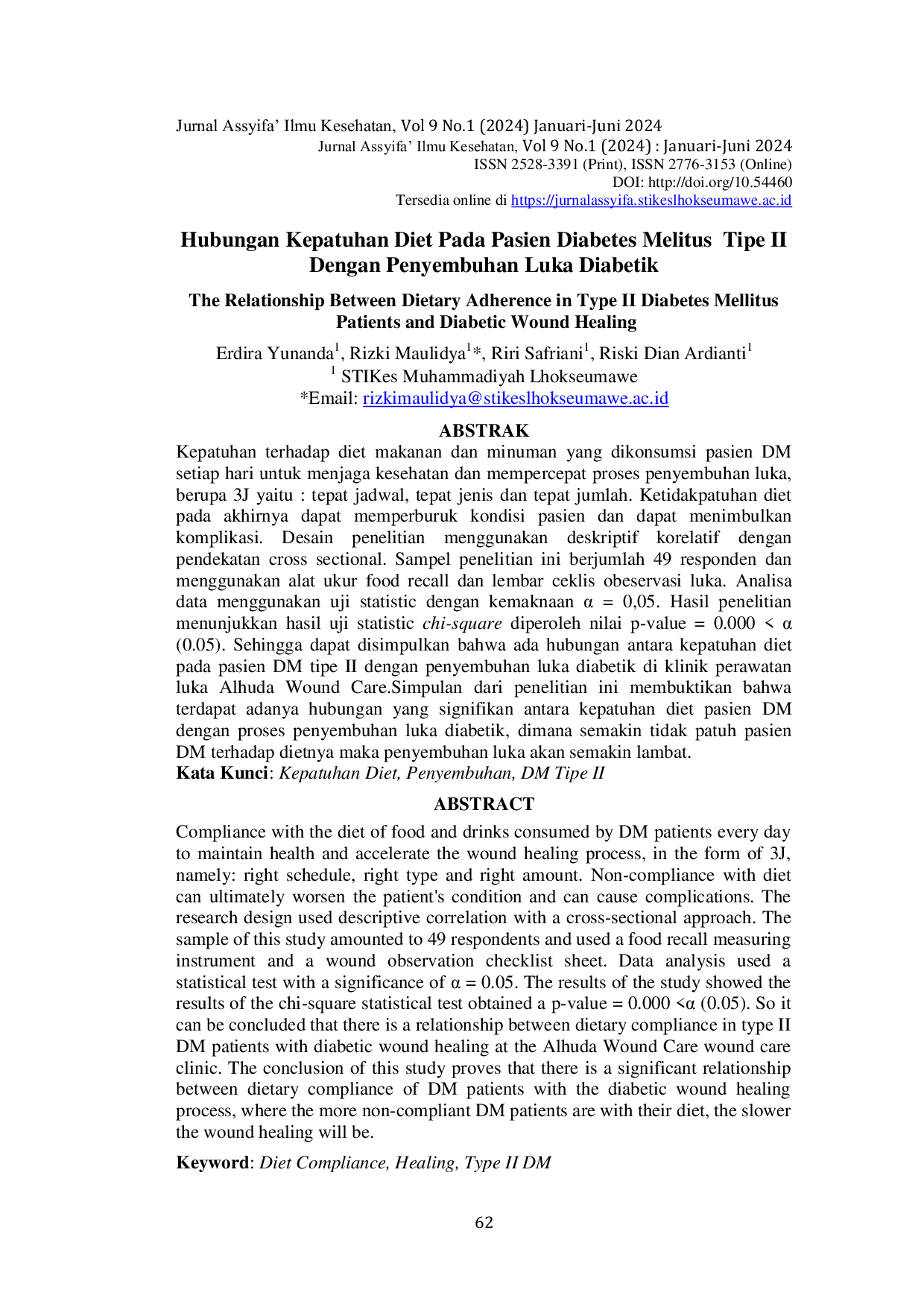 JURIS Hubungan Kepatuhan Diet Pada Pasien Diabetes Melitus Tipe II Dengan Penyembuhan Luka Diabetik