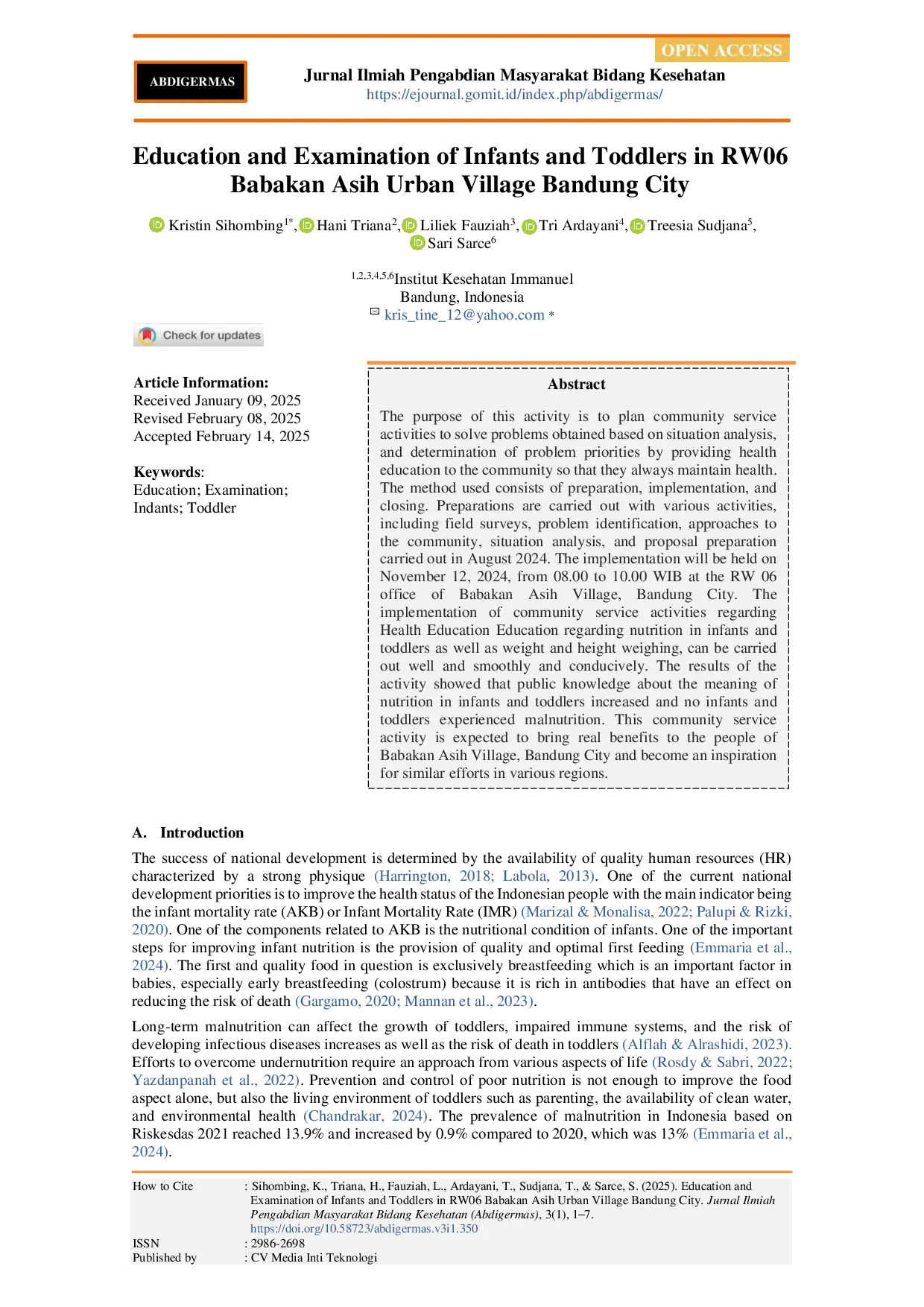 juris Education And Examination Of Infants And Toddlers In Rw06 Babakan Asih Urban Village Bandung City