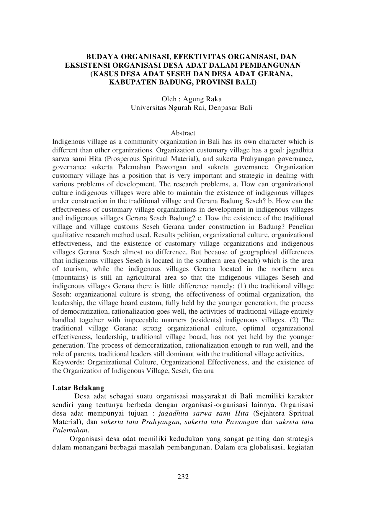 JURIS Budaya Organisasi Efektivitas Organisasi Dan Eksistensi Organisasi Desa Adat Dalam Pembangunan Kasus Desa Adat Seseh Dan Desa Adat Gerana Kabupaten Badung Provinsi Bali