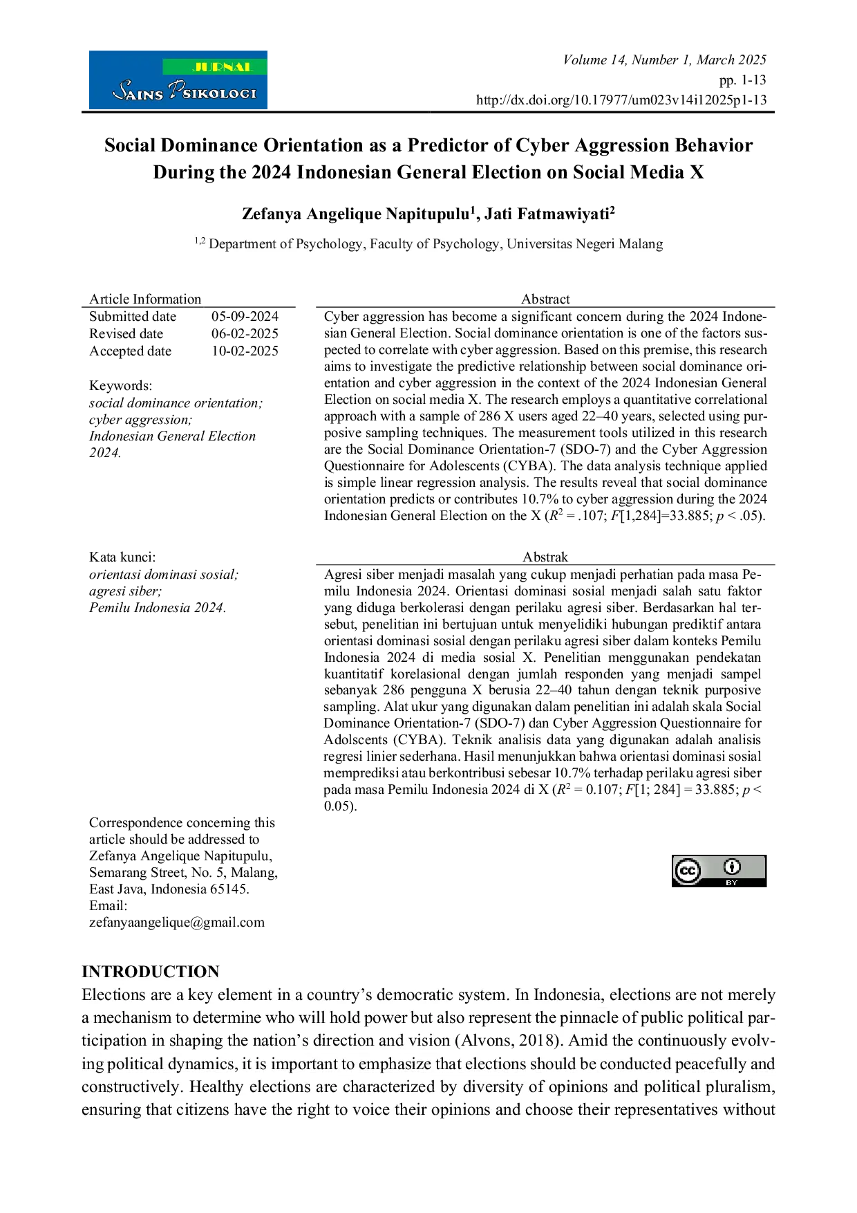 JURIS Social Dominance Orientation as a Predictor of Cyber Aggression Behavior During the 2024 Indonesian General Election on Social Media X