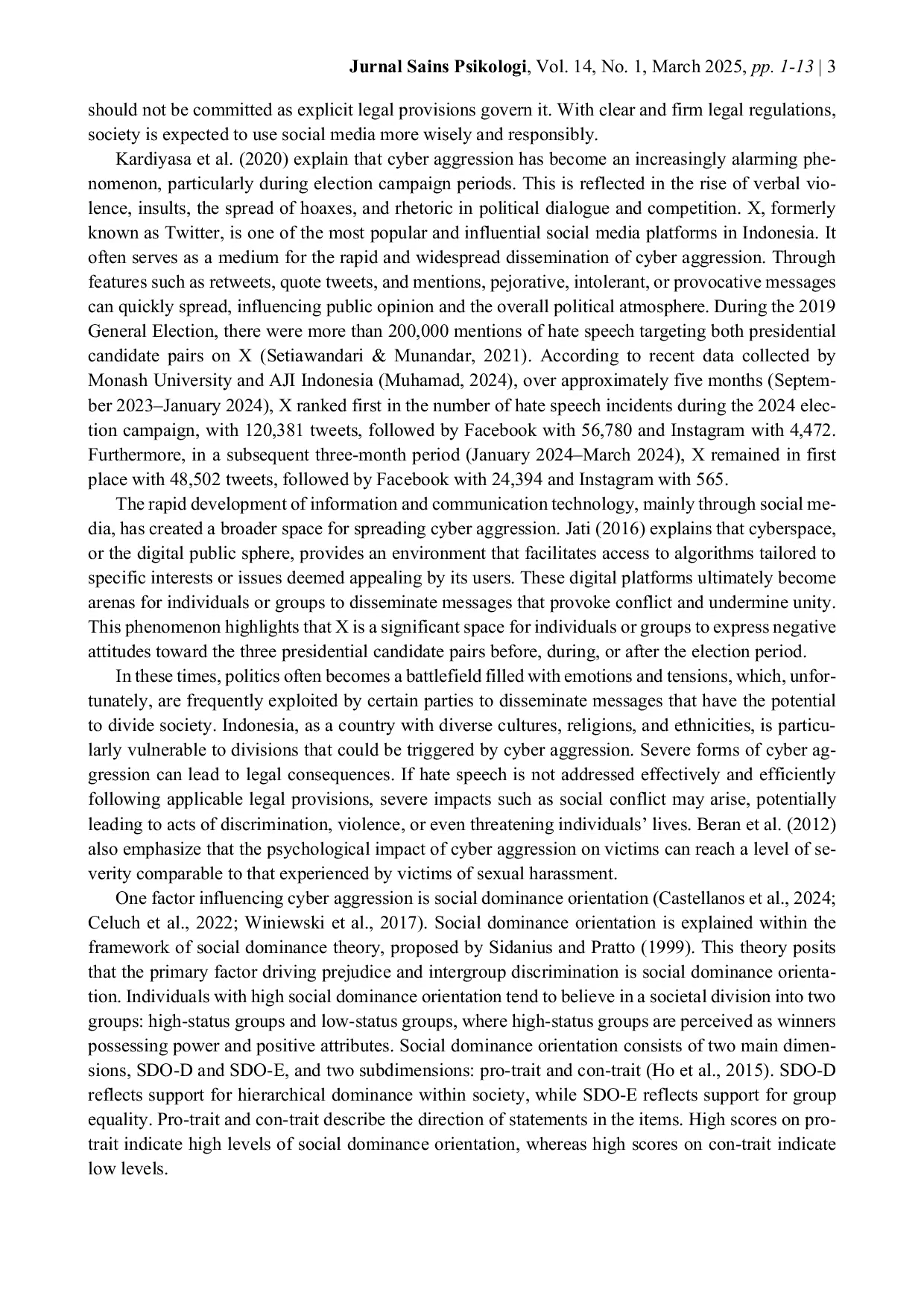 JURIS Social Dominance Orientation as a Predictor of Cyber Aggression Behavior During the 2024 Indonesian General Election on Social Media X