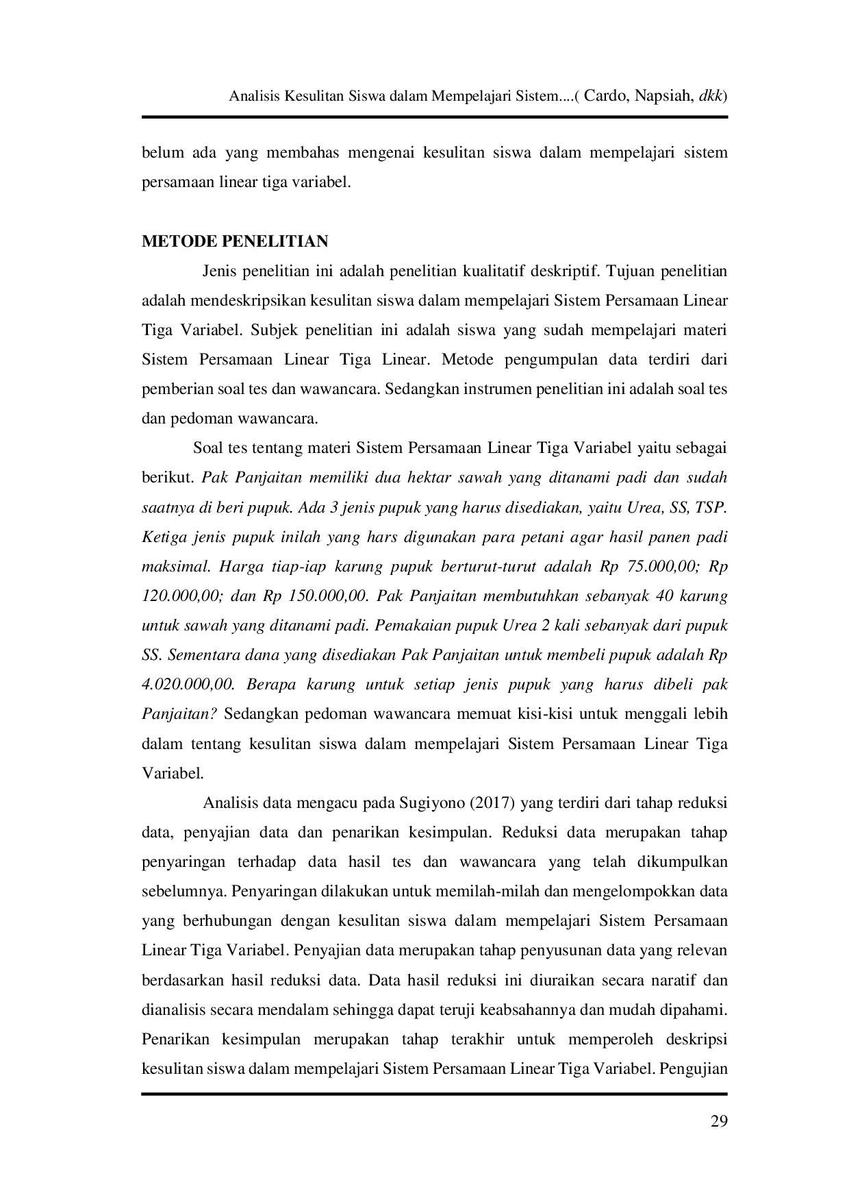 JURIS Analisis Kesulitan Siswa dalam Mempelajari Sistem Persamaan Linear Tiga Variabel