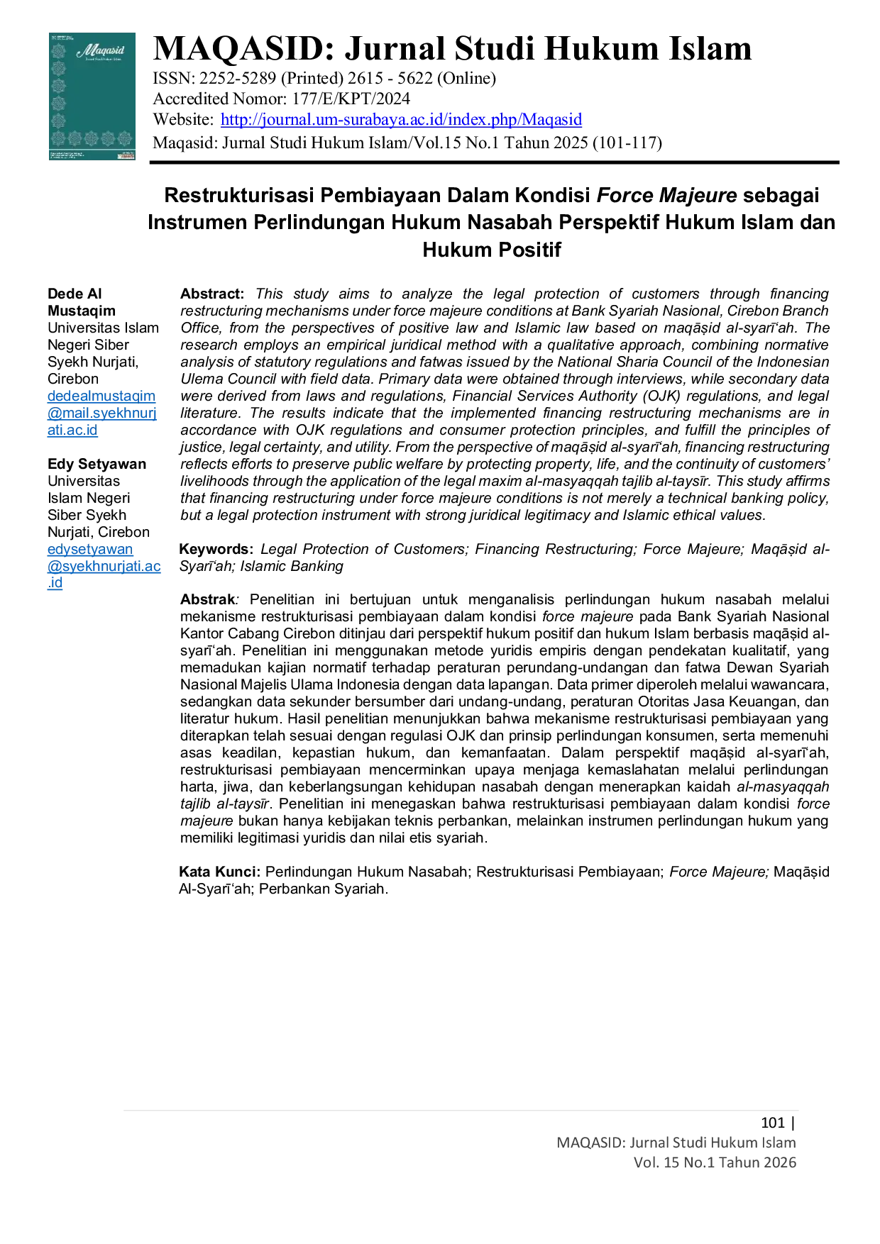JURIS Restrukturisasi Pembiayaan Dalam Kondisi Force Majeure Sebagai Instrumen Perlindungan Hukum Nasabah Perspektif Hukum Islam Dan Hukum Positif