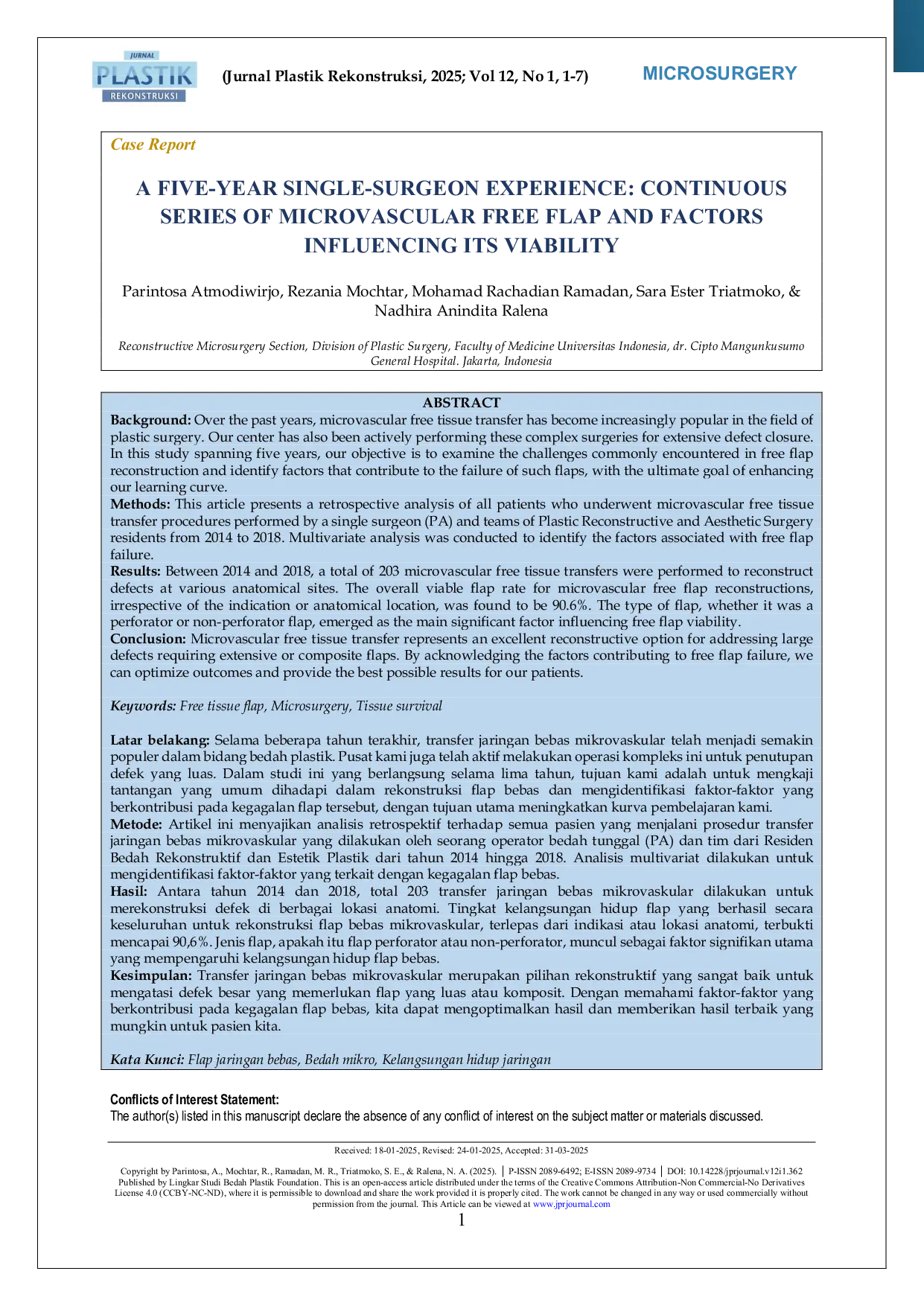 JURIS A Five Year Single Surgeon Experience Continuous Series of Microvascular Free Flap and Factors Influencing Its Viability
