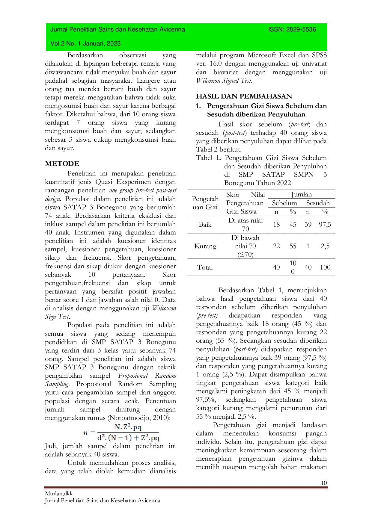 JURIS Pengaruh Penyuluhan Gizi Terhadap Konsumsi Buah dan Sayur pada Siswa SMP Satap 3 Bonegunu Kecamatan Bonegunu Kabupaten Buton Utara