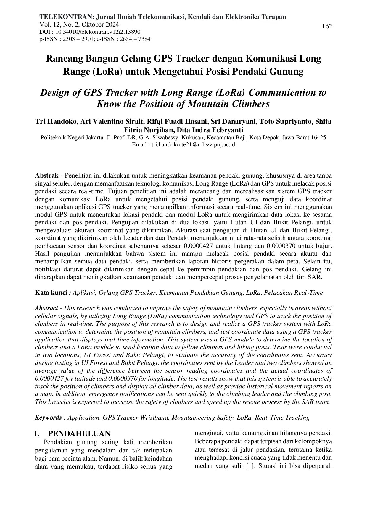 JURIS Rancang Bangun Gelang GPS Tracker dengan Komunikasi Long Range LoRa untuk Mengetahui Posisi Pendaki Gunung