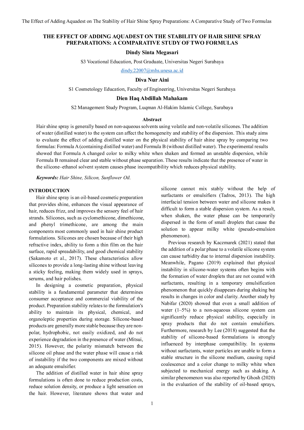 JURIS The Effect Of Adding Aquadest On The Stability Of Hair Shine Spray Preparations A Comparative Study Of Two Formulas
