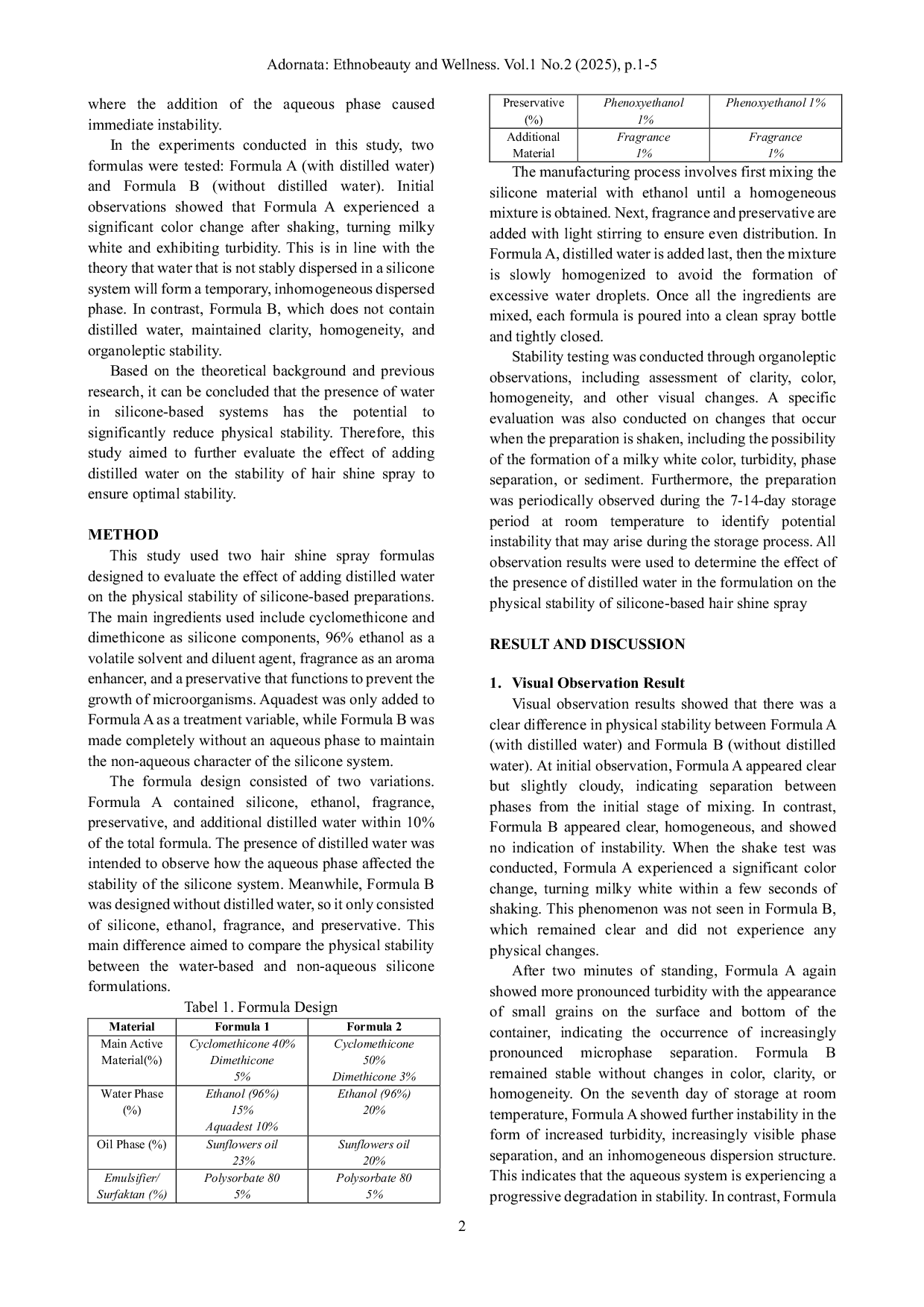 JURIS The Effect Of Adding Aquadest On The Stability Of Hair Shine Spray Preparations A Comparative Study Of Two Formulas