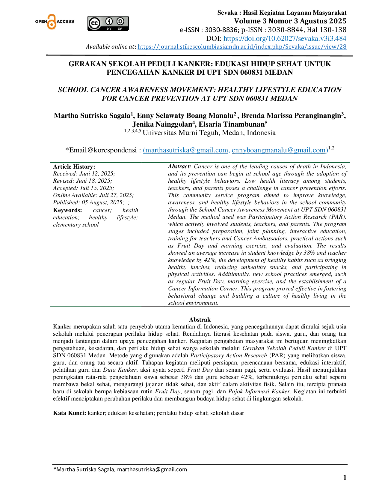 JURIS Gerakan Sekolah Peduli Kanker Edukasi Hidup Sehat Untuk Pencegahan Kanker Di UPT SDN 060831 Medan