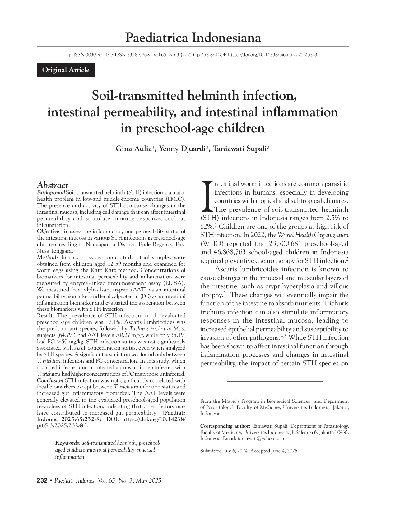 JURIS Soil transmitted helminth infection intestinal permeability and intestinal inflammation in preschool age children